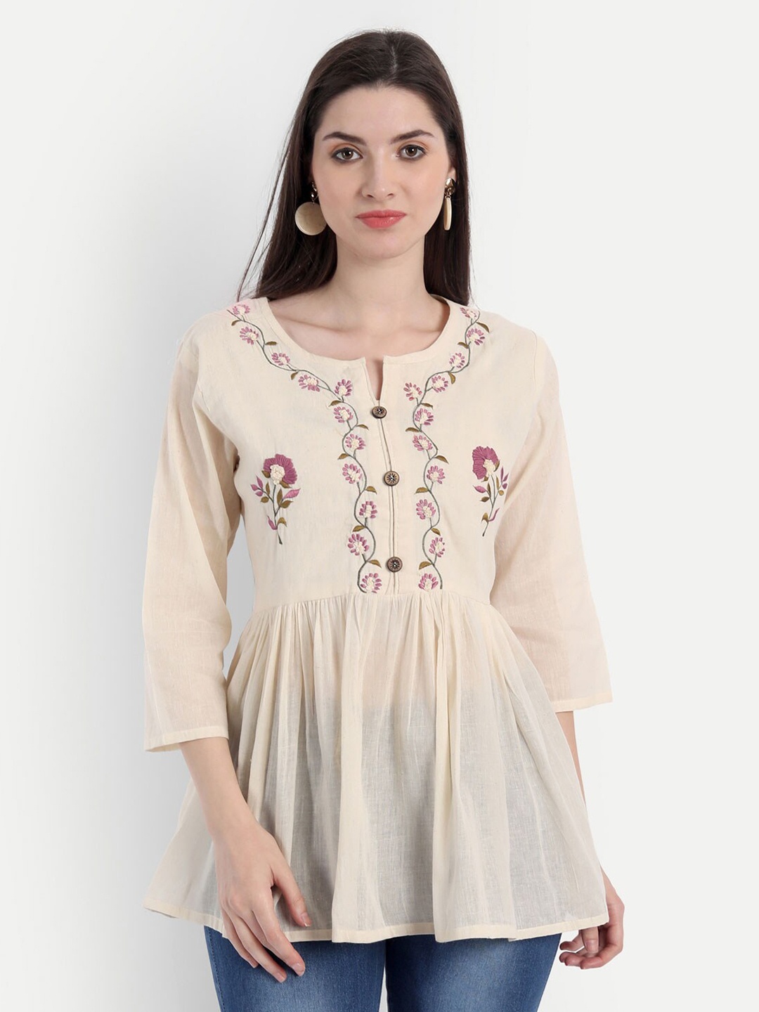 

Gopalvilla Beige & Pink Embroidered Cotton Tunic
