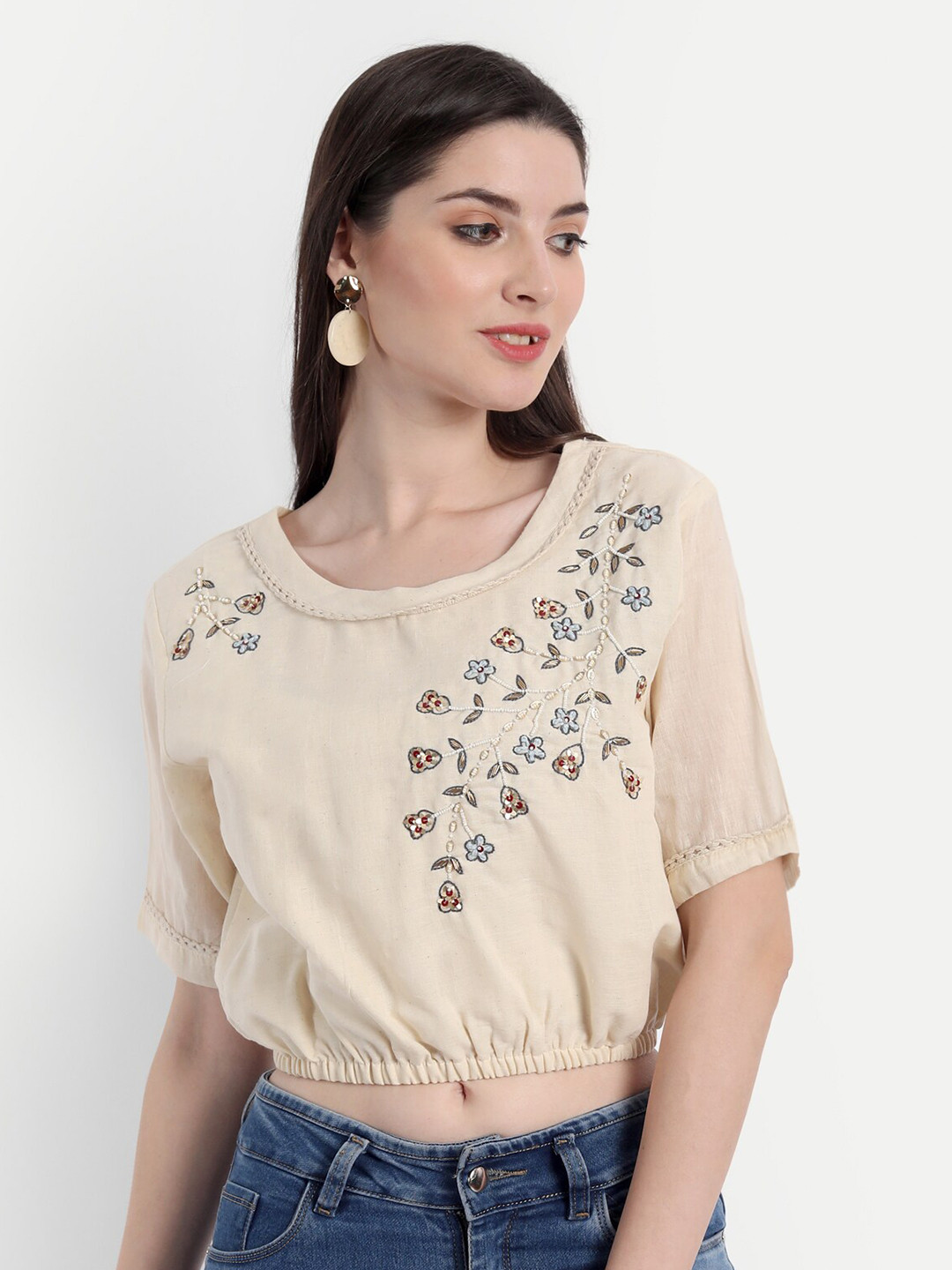 

Gopalvilla Beige Floral Embroidered Crop Top