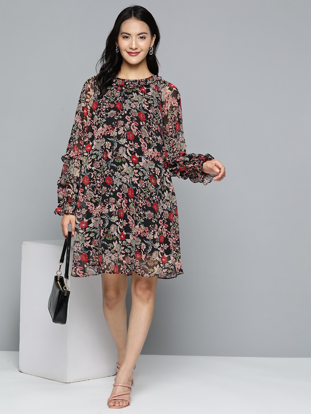 

HERE&NOW Black & Red Floral Crepe A-Line Dress