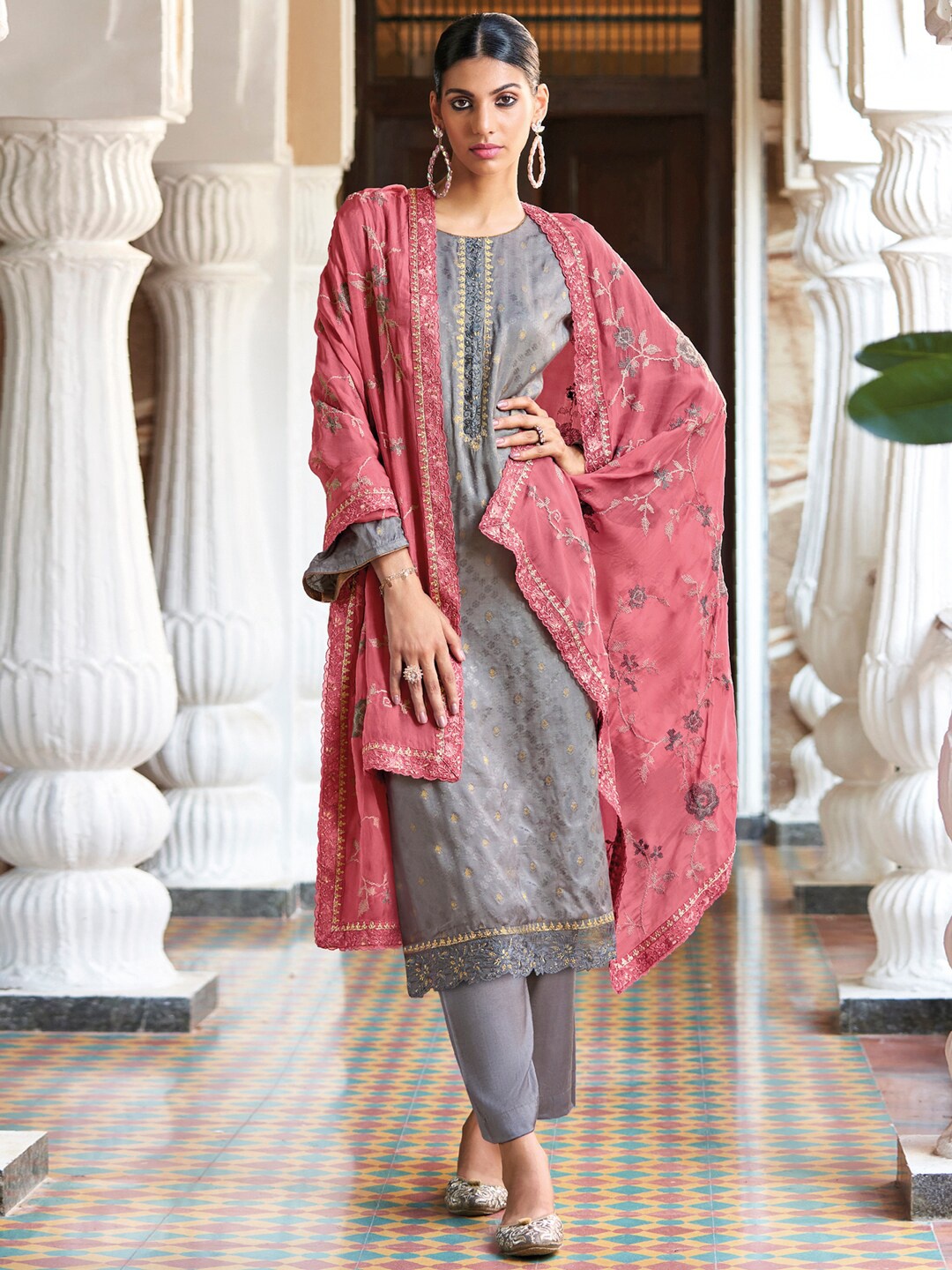 

Stylee LIFESTYLE Grey & Rose Embroidered Art Silk Unstitched Dress Material