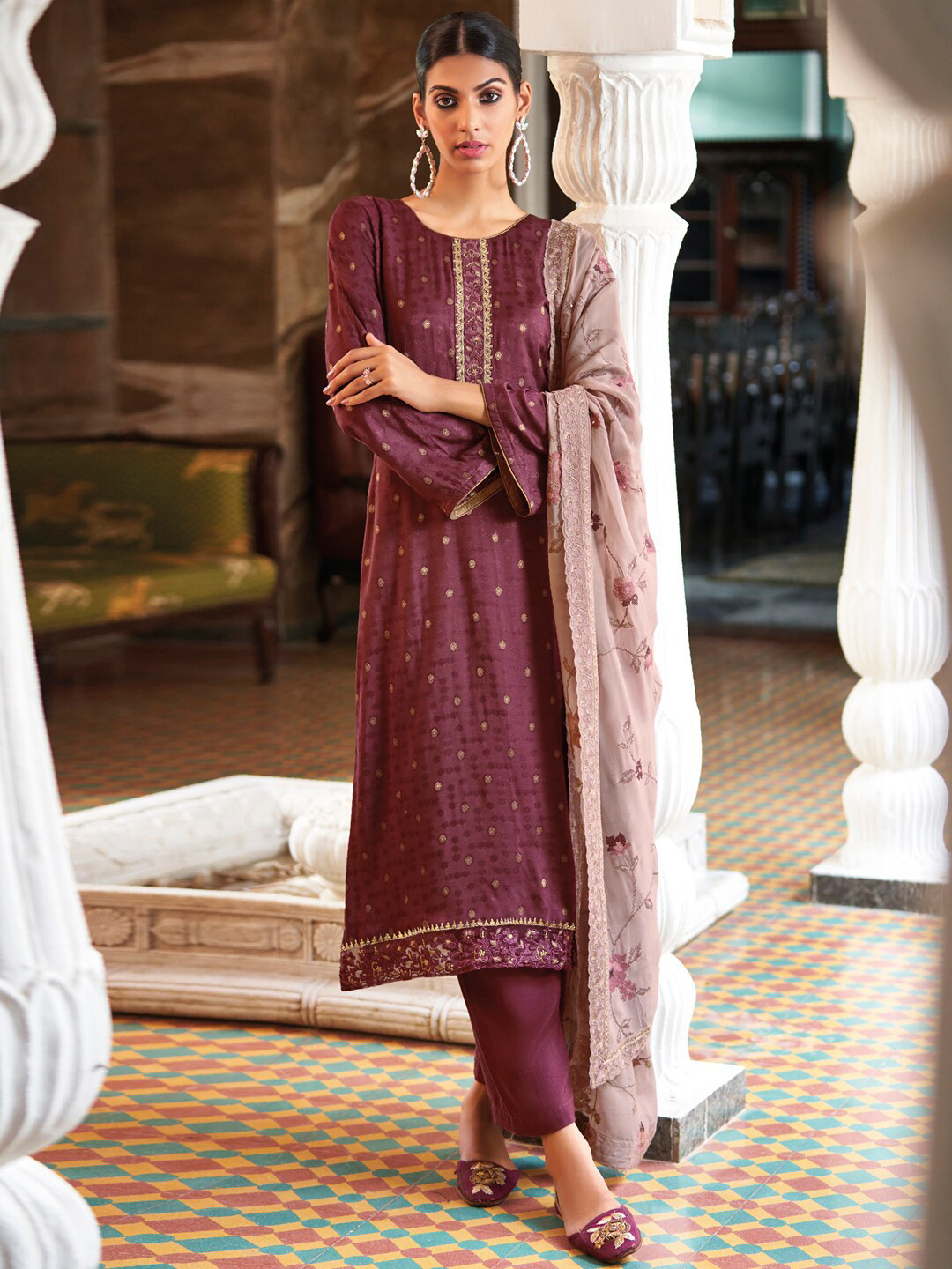 

Stylee LIFESTYLE Purple & Pink Embroidered Art Silk Unstitched Dress Material