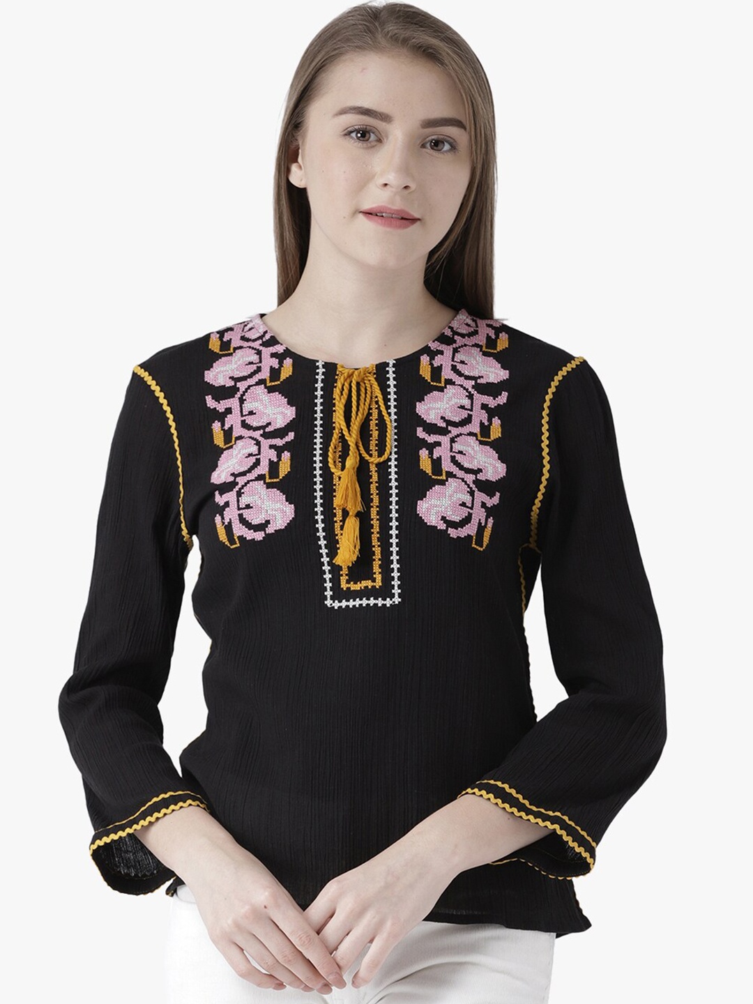 

DODO & MOA Black & Pink Printed Pure Cotton Tie-Up Neck Top