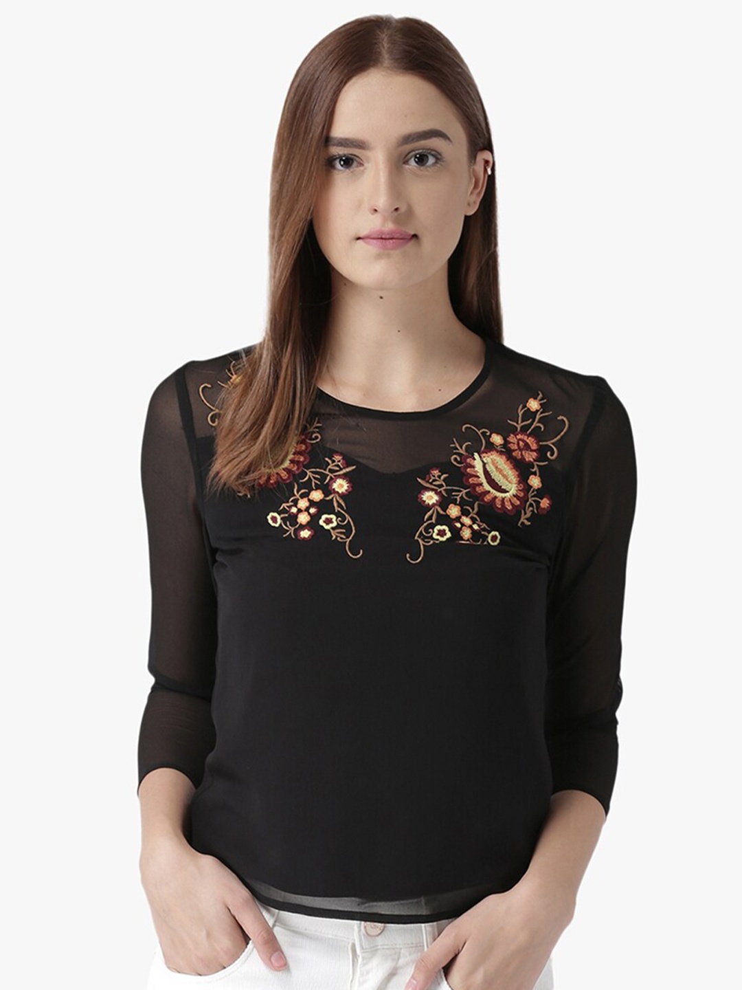 

DODO & MOA Black Floral Embroidered Georgette Top