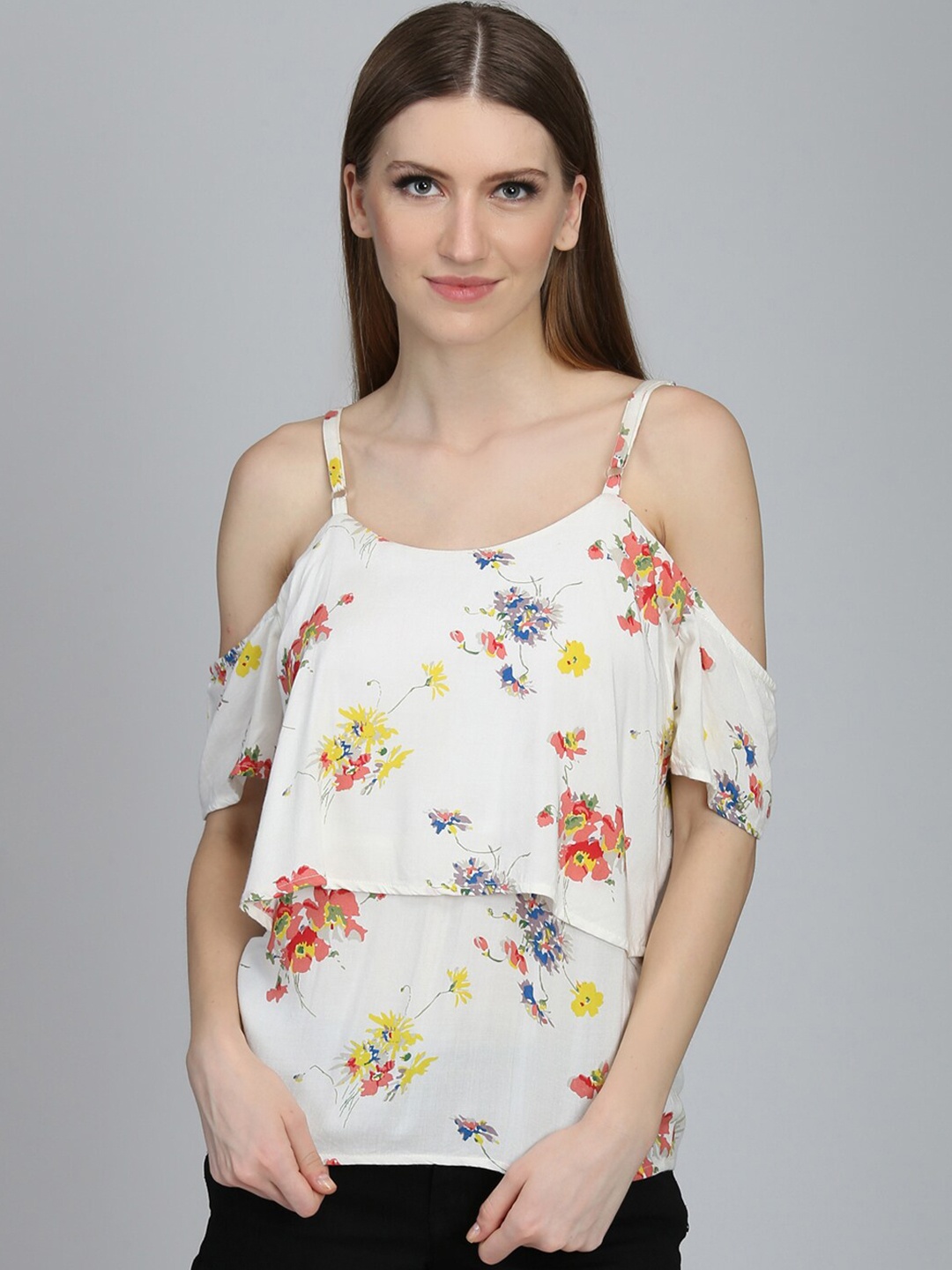 

DODO & MOA Off White & Red Floral Print Layered Top