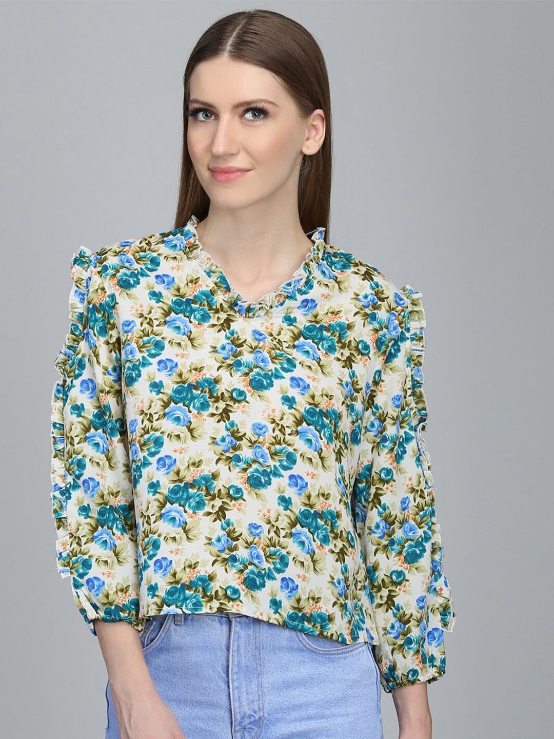 

DODO & MOA Beige & Blue Floral Print Ruffles Georgette Top