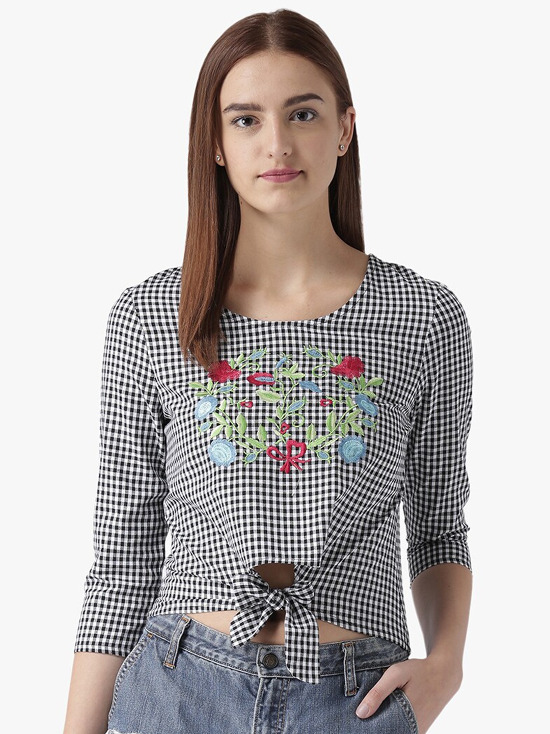 

DODO & MOA Black Checked With embroidered Detail Top