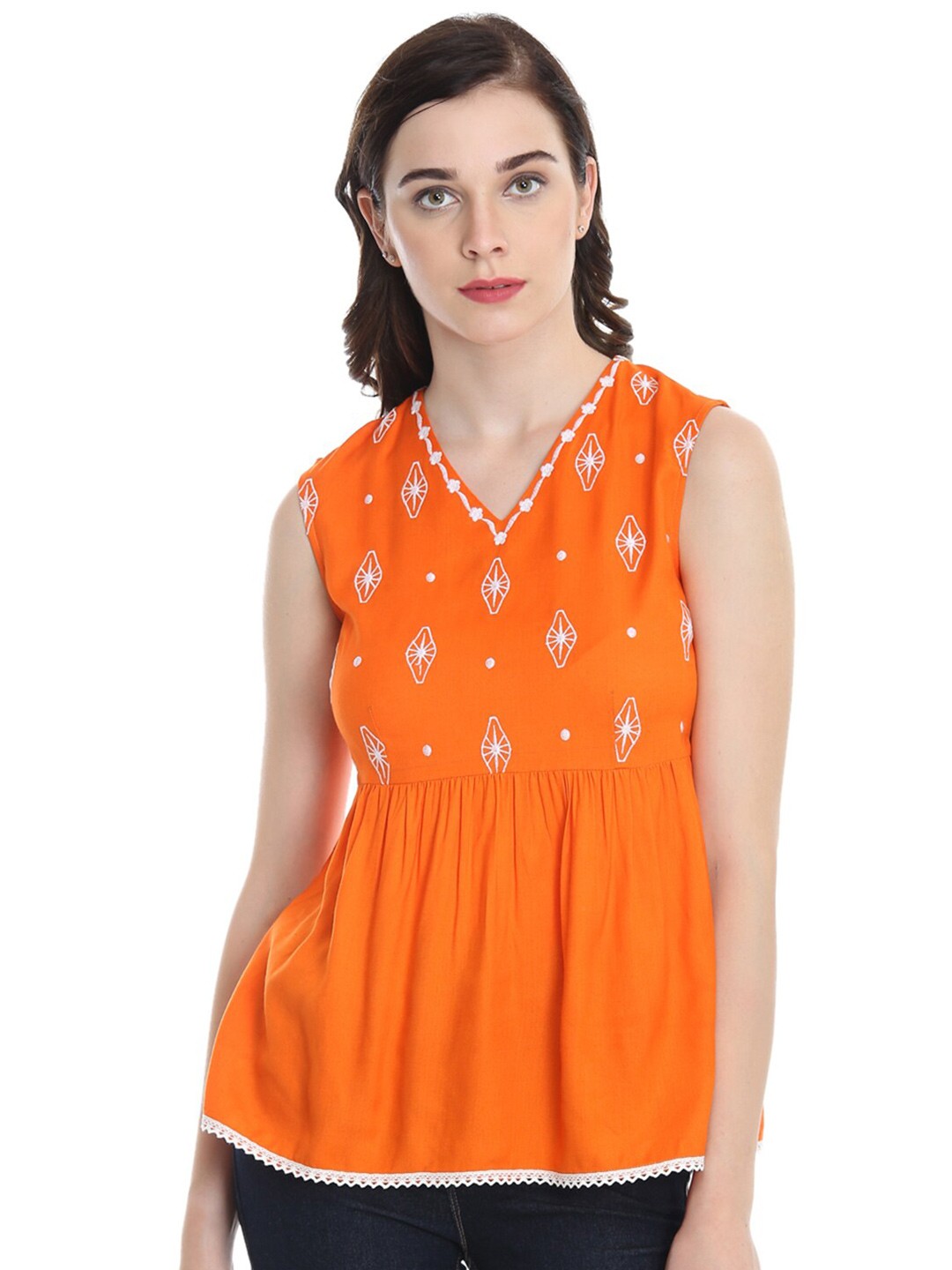 

DODO & MOA Orange Floral Embroidered Top