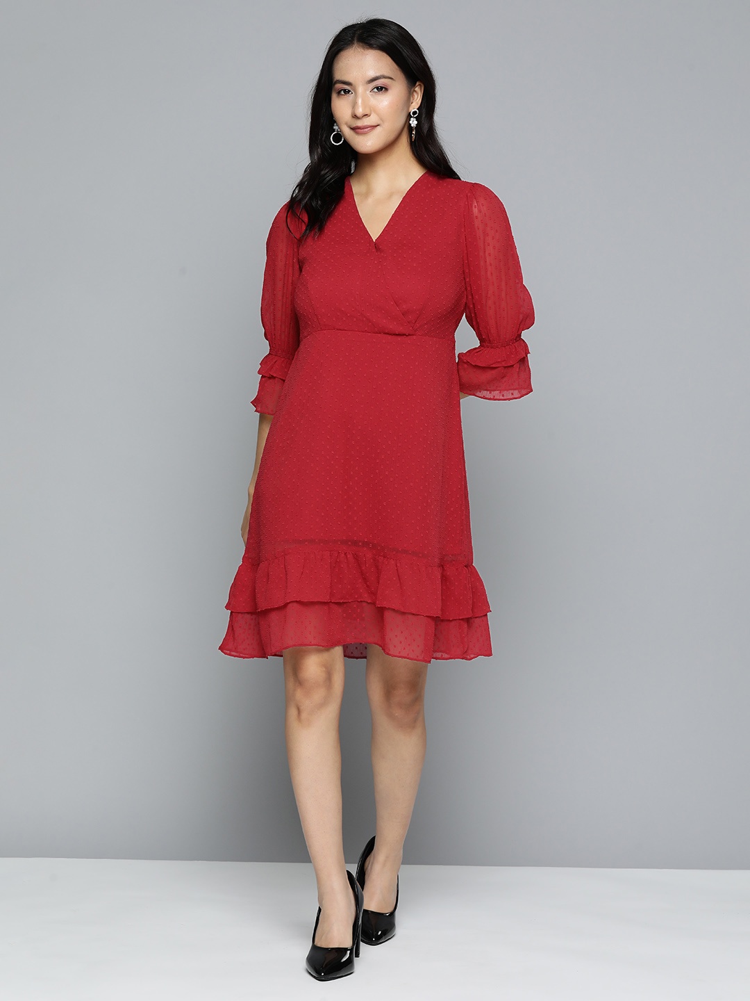 

HERE&NOW Red Dobby Weave Crepe Dress