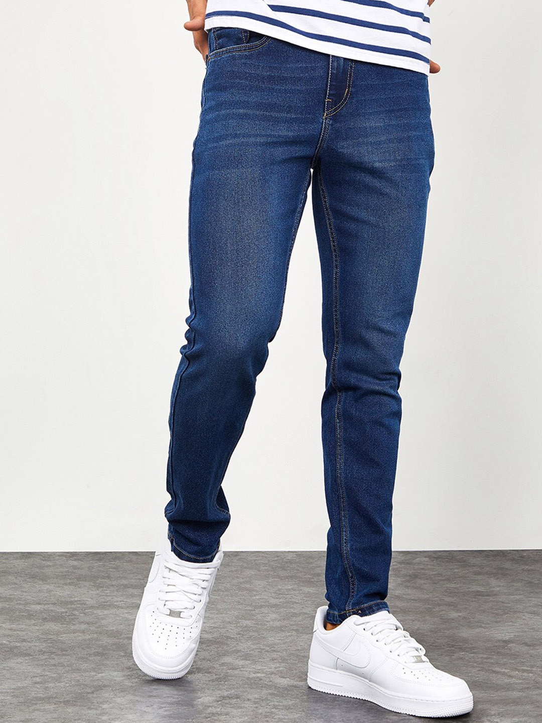 

Styli Men Whisker Detail Cropped Skinny Fit Denim Jeans, Blue