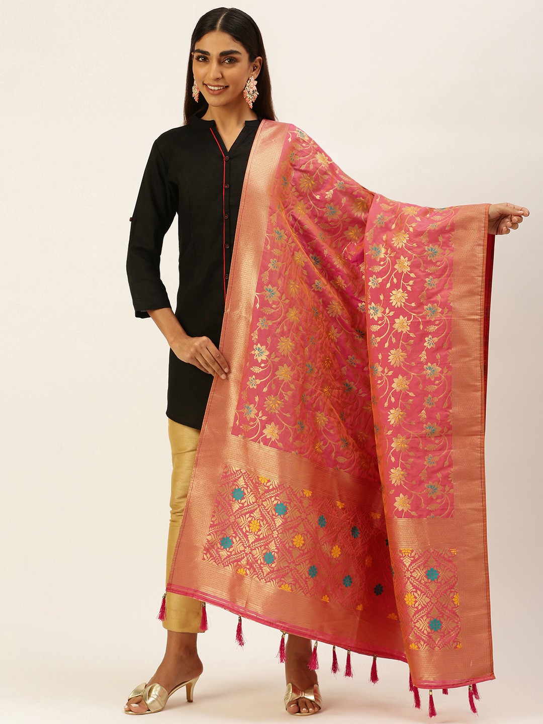 

panchhi Pink & Blue Ethnic Motifs Woven Design Dupatta with Zari