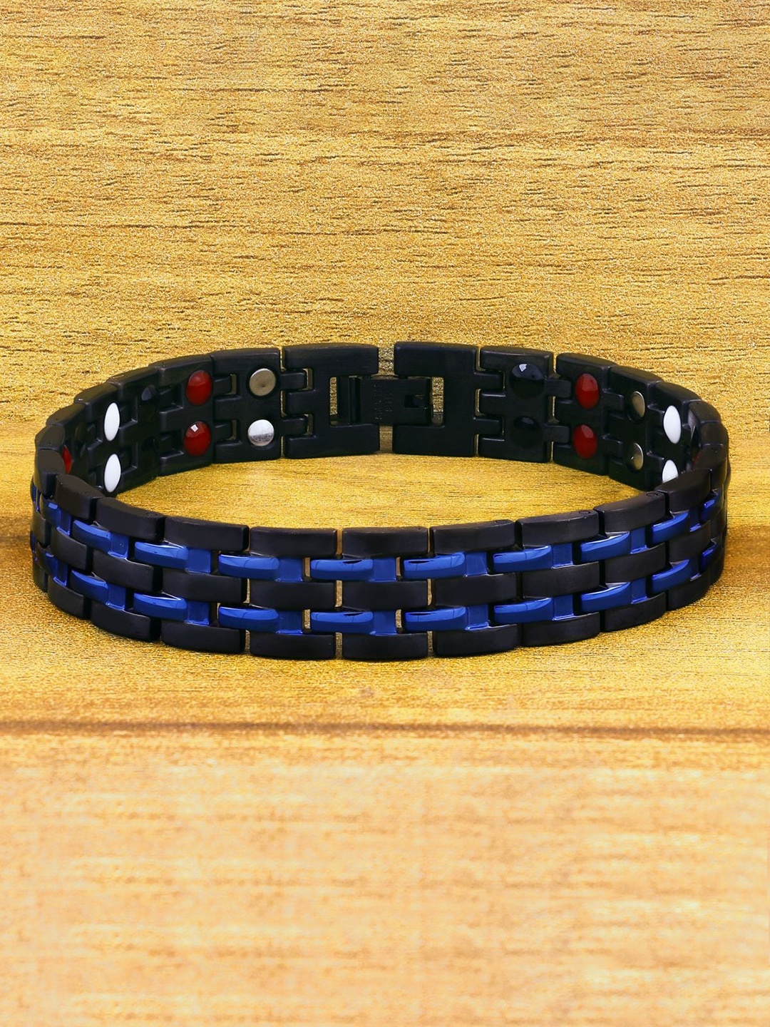 

ZIVOM Men Black & Blue Rhodium-Plated Wraparound Bracelet