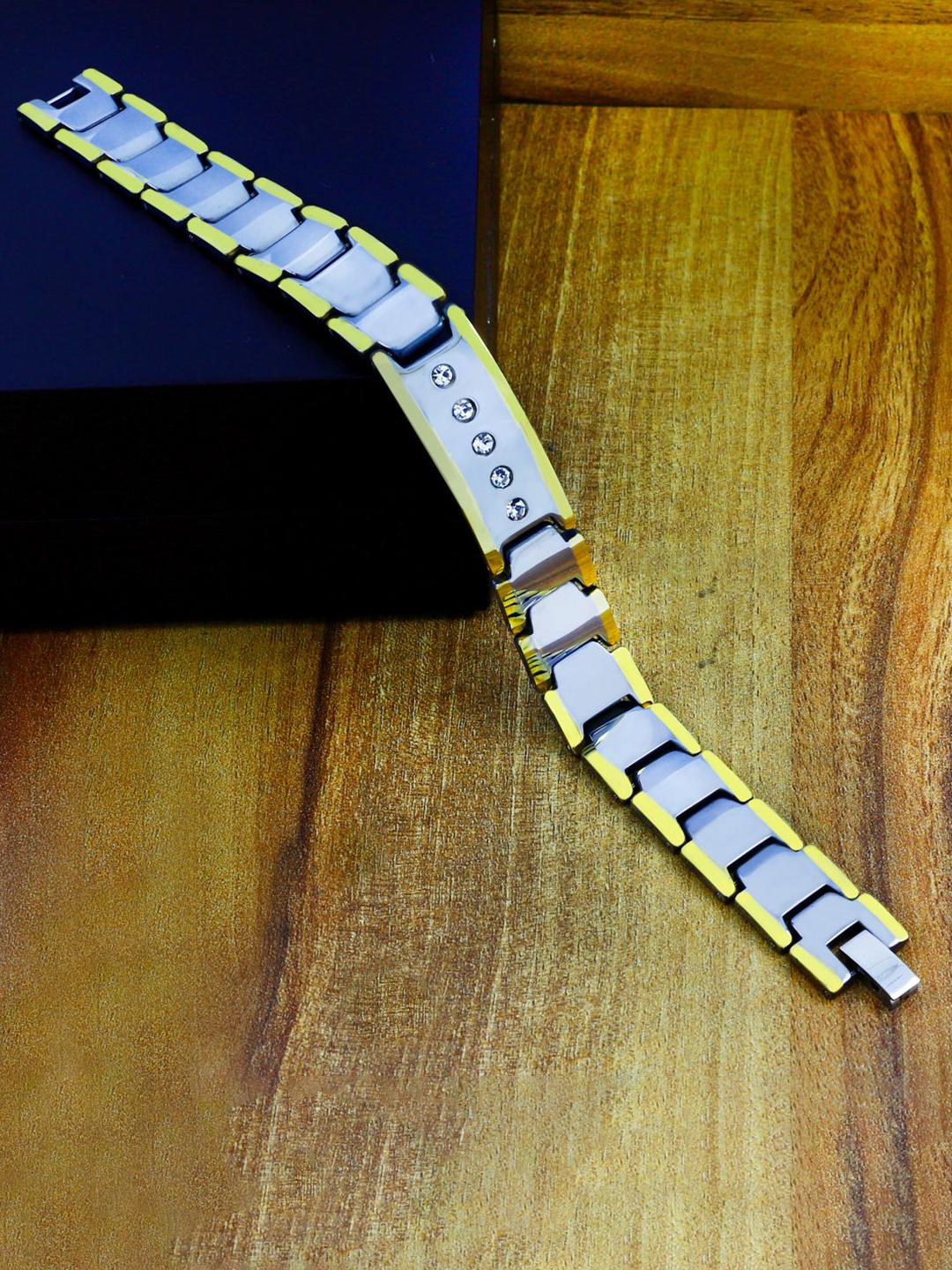 

ZIVOM Men Silver-Toned & Gold-Toned Cubic Zirconia Silver-Plated Link Bracelet