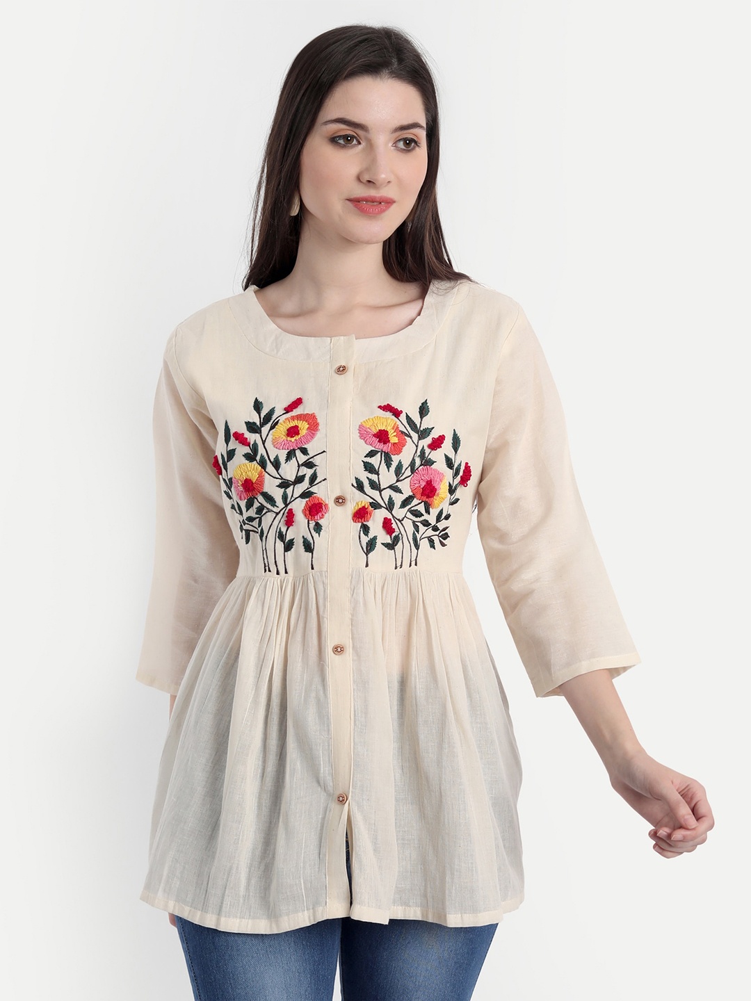 

Gopalvilla Beige & Red Embroidered Cotton Tunic