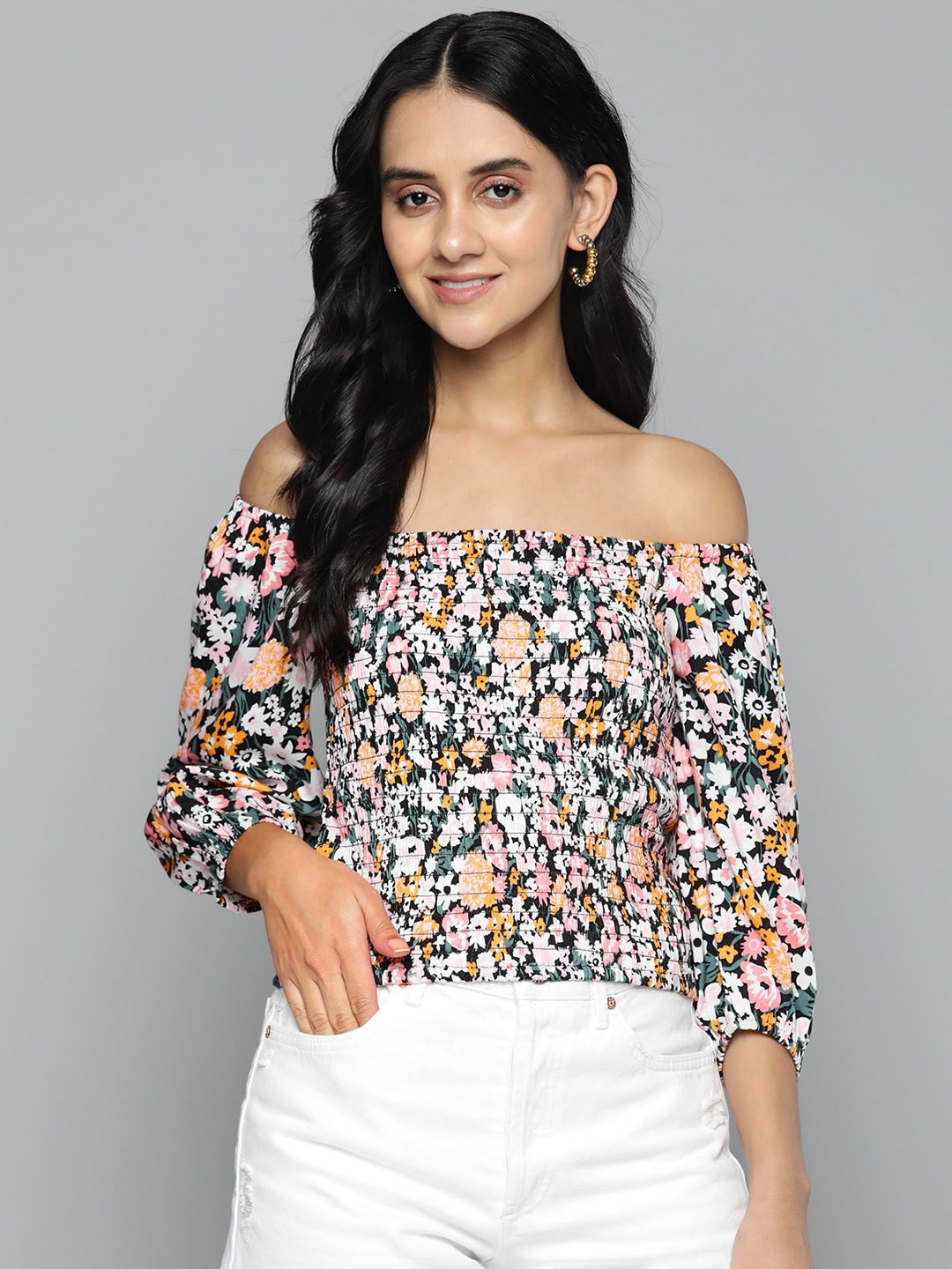 

HERE&NOW Floral Print Off-Shoulder Smocked Top, Black