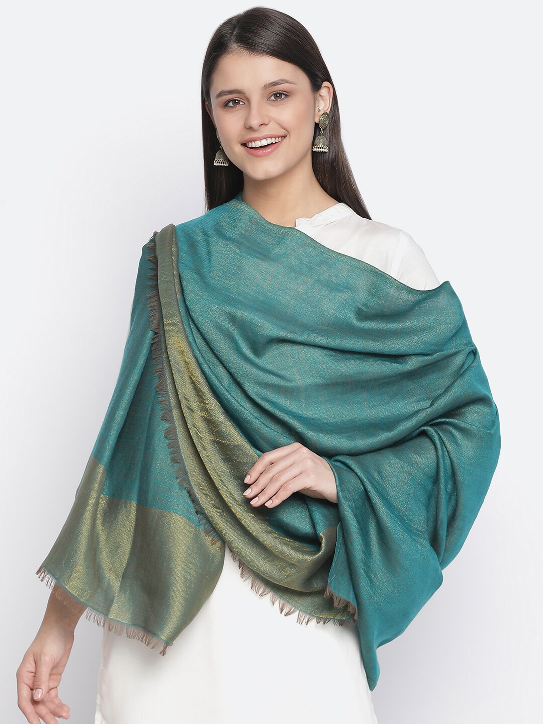 

SHINGORA Women Sea Green & Gold Coloured Woven-Design Shawl