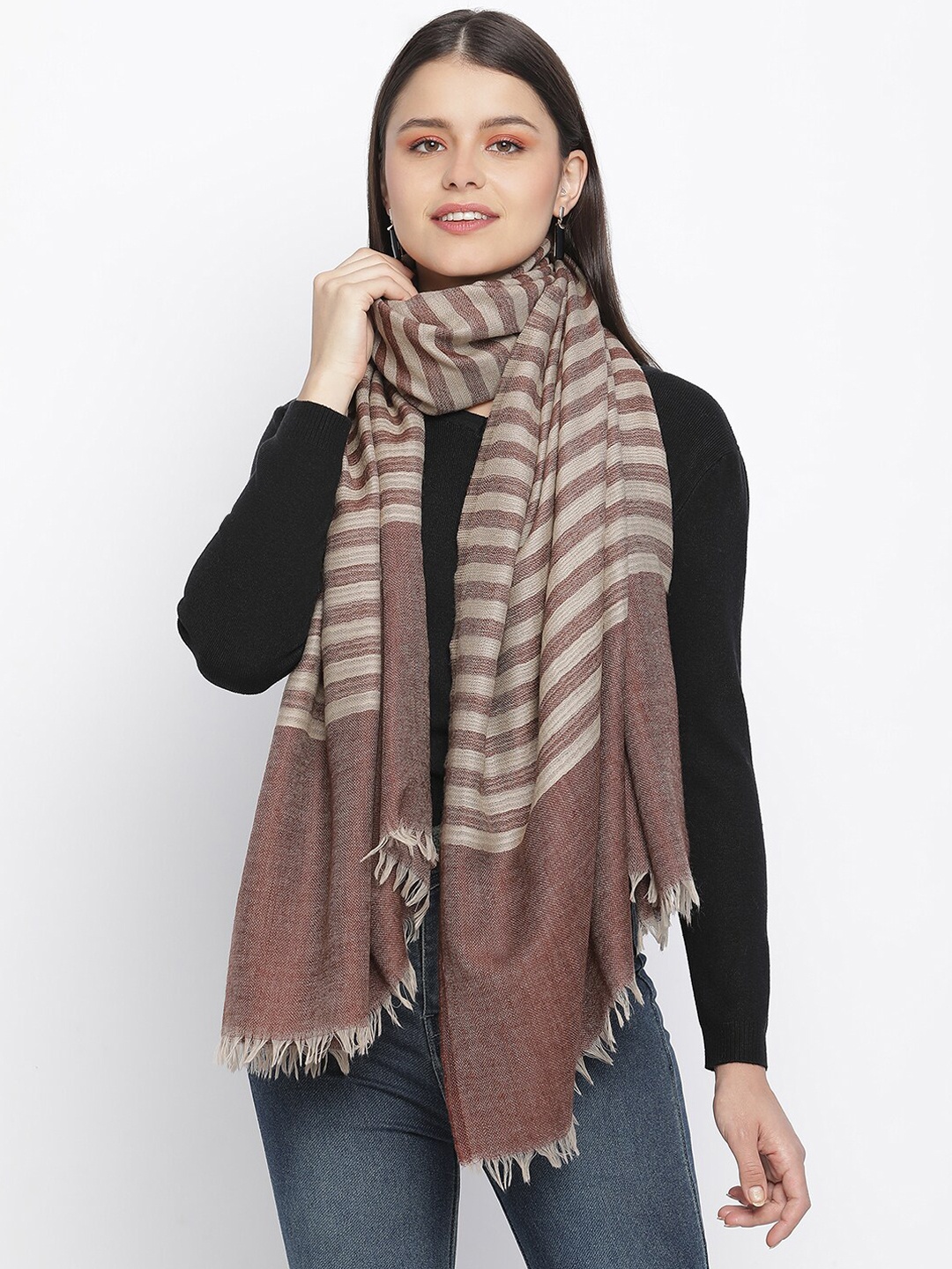 

SHINGORA Women Brown Striped Woven-Design Wool Shawl
