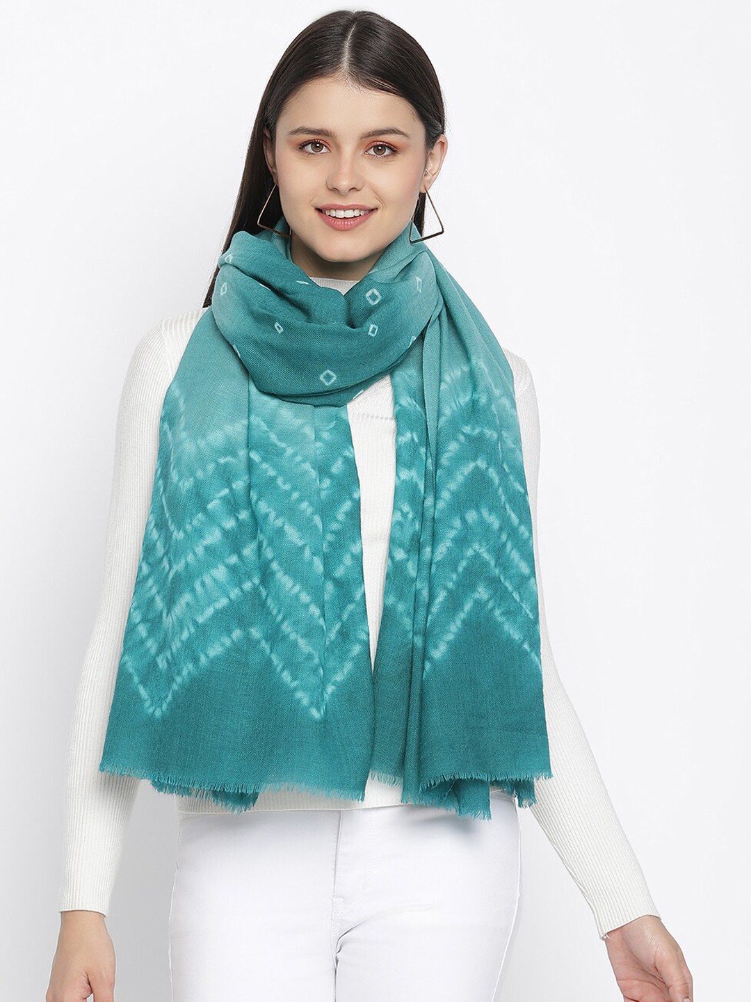 

SHINGORA Women Sea Green Bandhini Printed Pure Woolen Shawl