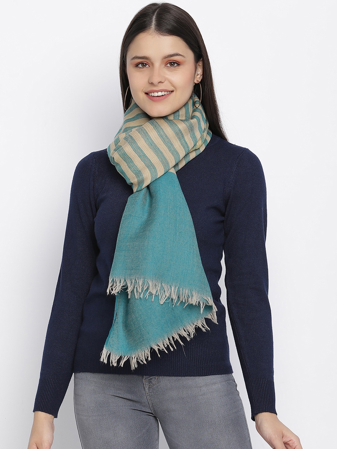 

SHINGORA Women Sea Green Striped Woven Design Woolen Shawl