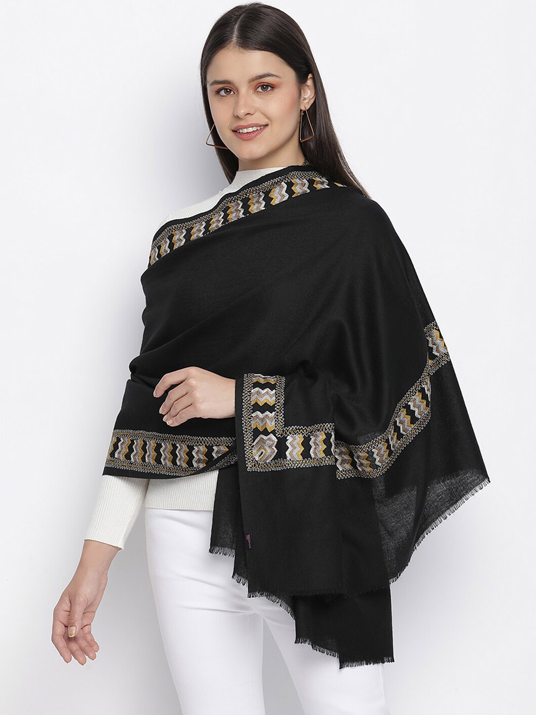 

SHINGORA Women Black Embroidered Woolen Shawl