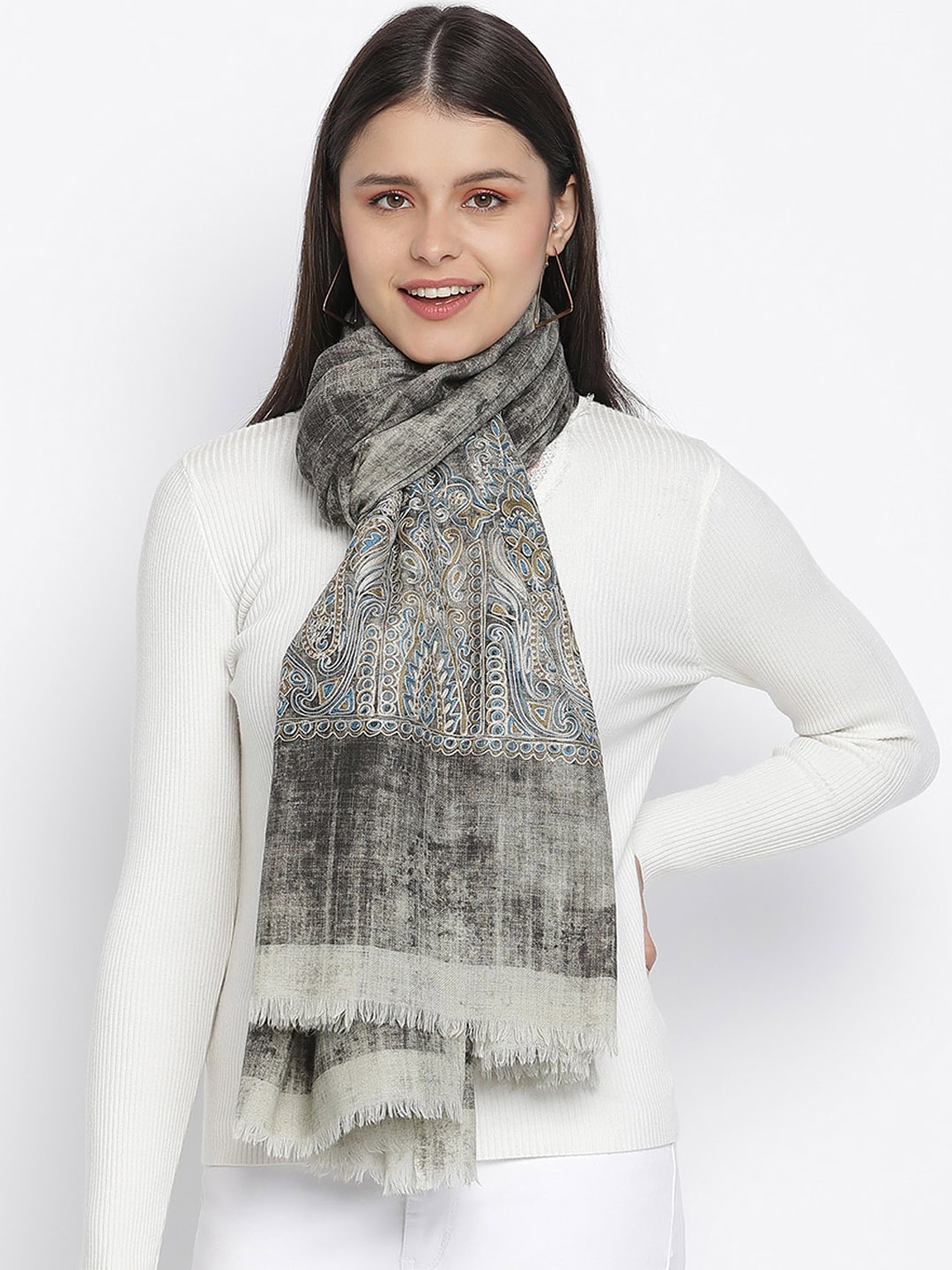 

SHINGORA Women Grey Embroidered Pure Woolen Shawl