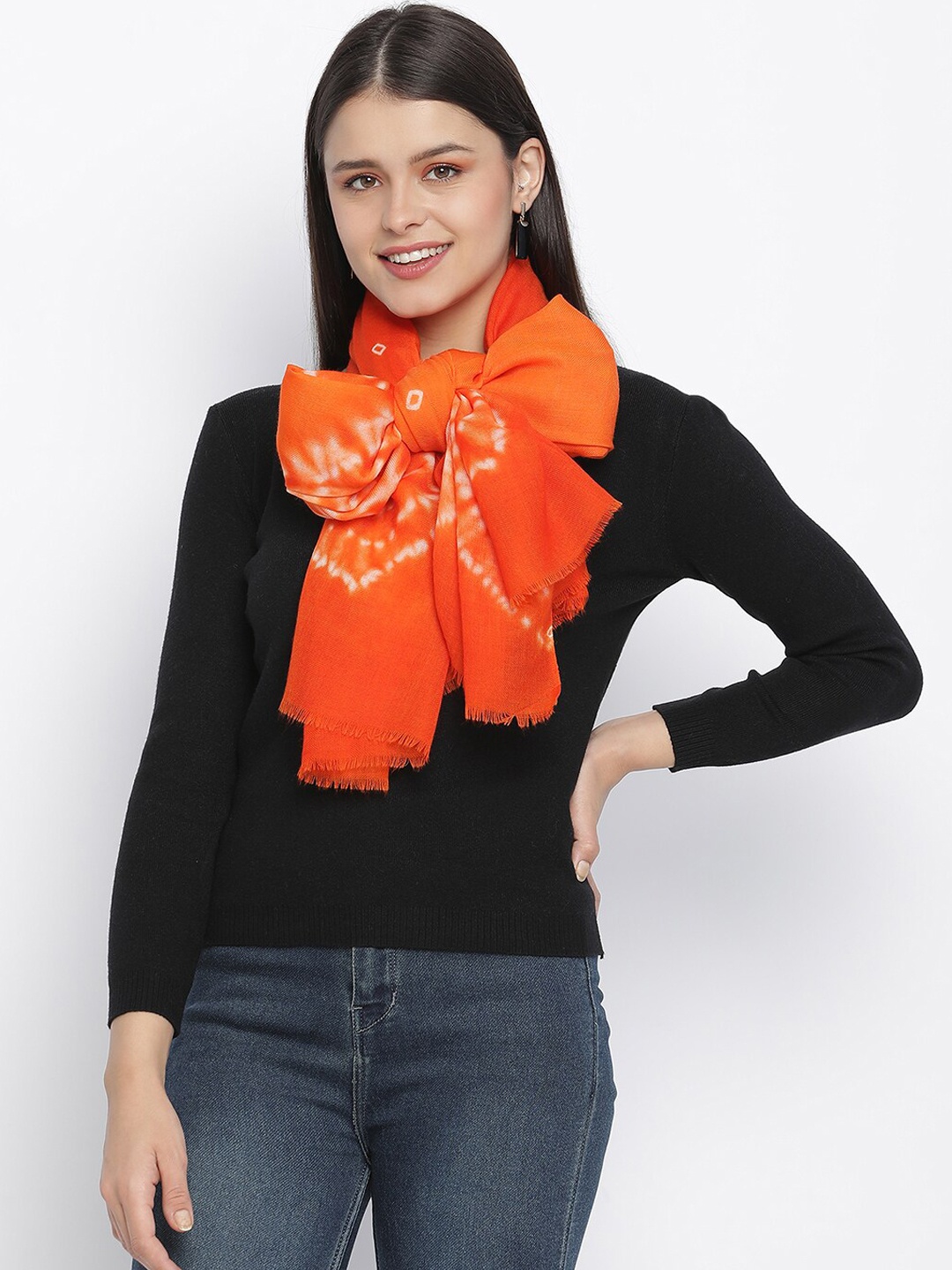 

SHINGORA Women Orange Colored Bandhani Printed Pure Woolen Shawl