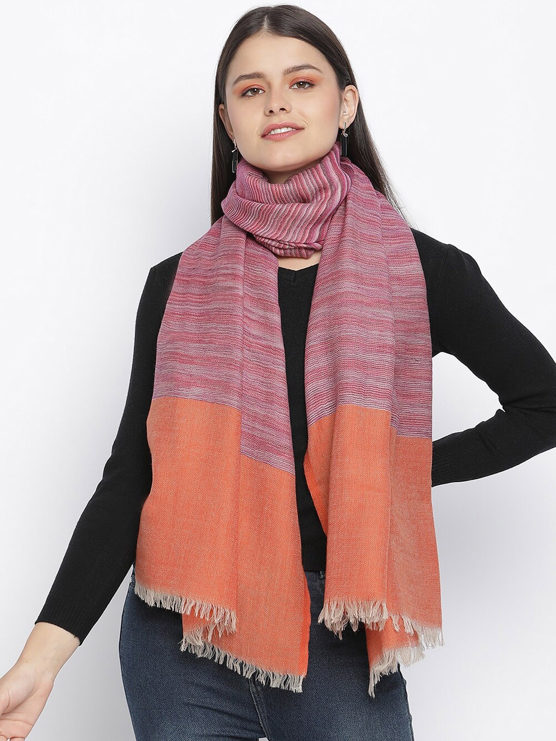 

SHINGORA Women Orange & Pink Woven Design Pure Wool Shawl