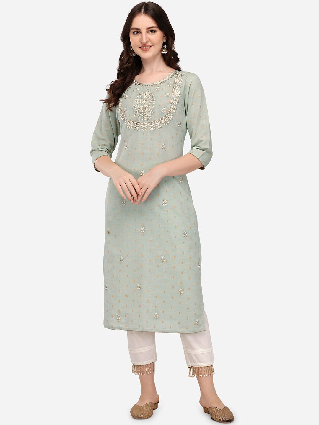 

Berrylicious Women Sea Green Ethnic Motifs Embroidered Thread Work Kurta with Trousers & With Dupatta