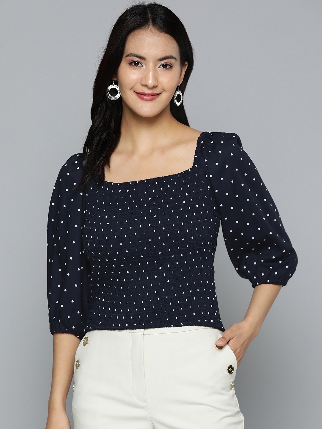 

HERE&NOW Navy Blue & White Polka Dot Print Pure Cotton Smocked Top