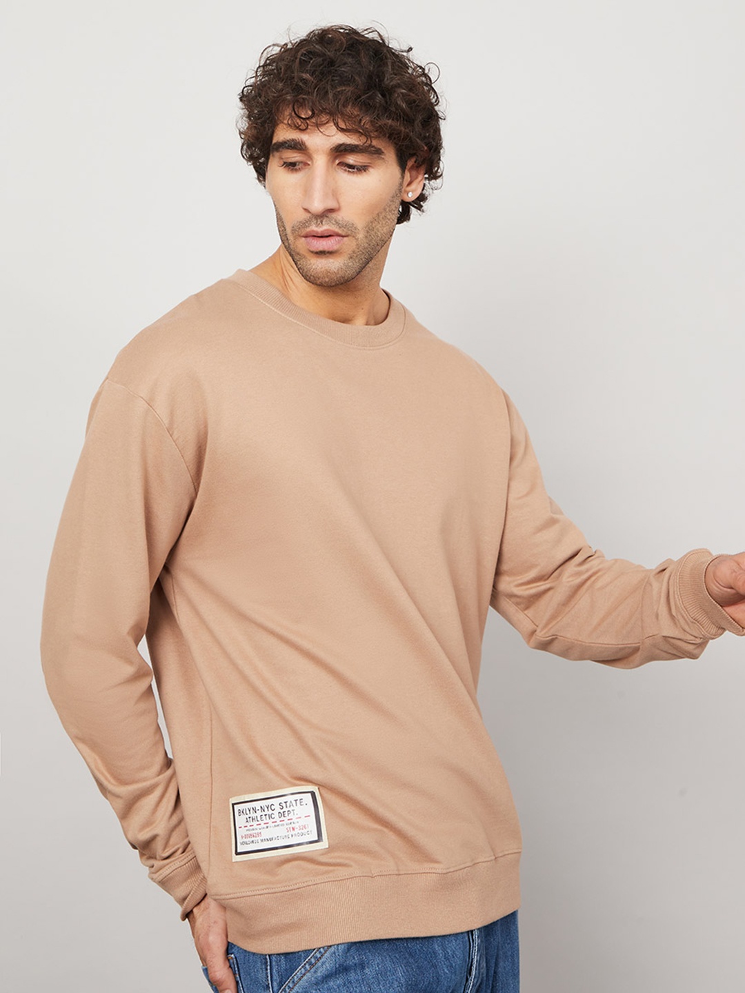 

Styli Applique Detail Cotton Boxy Fit Sweatshirt, Beige