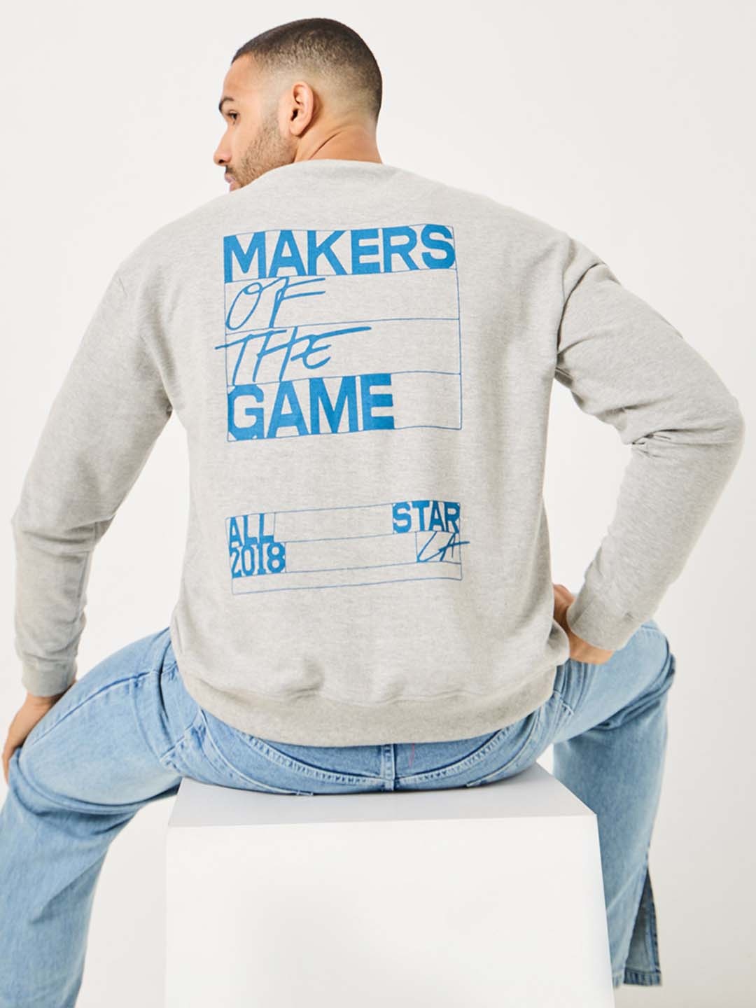 

Styli Placement Printed Boxy Cotton Sweatshirt, Grey
