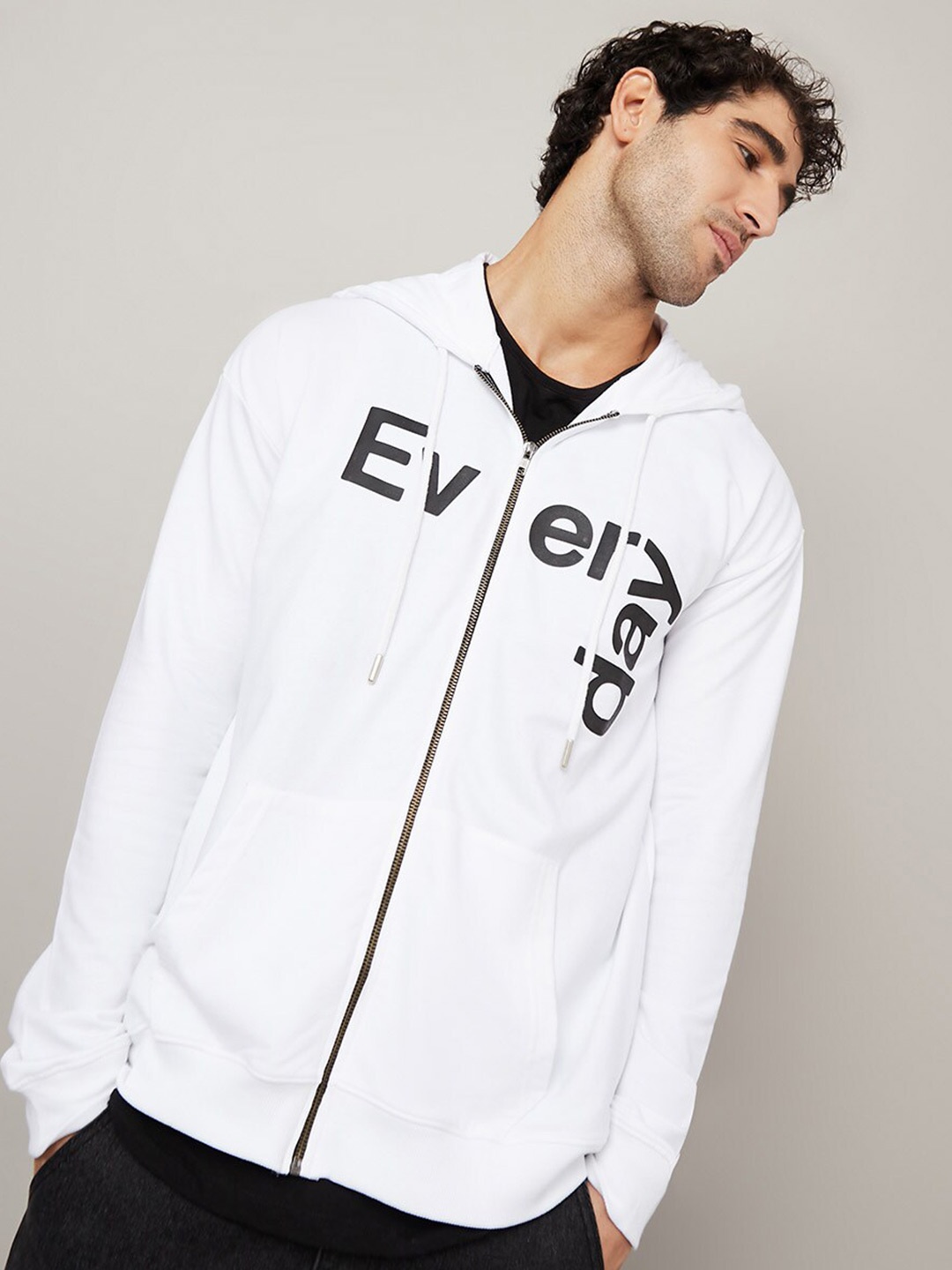 

Styli HD Printed Hooded Cotton Sweatshirt with Zipper Detail, White