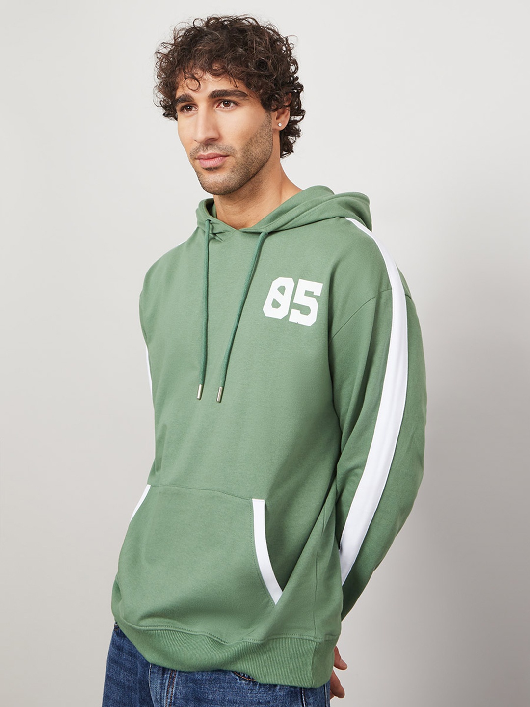 

Styli Color Block Boxy Fit Hoodie with Chest Number Print Detail, Green