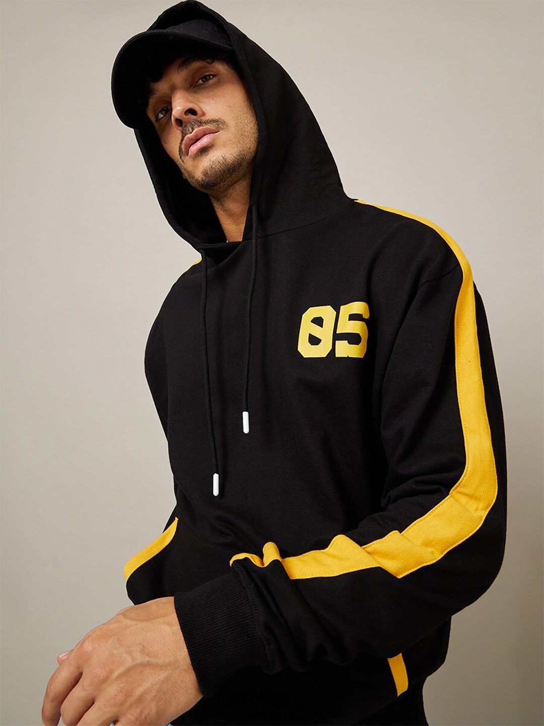 

Styli Color Block Boxy Fit Hoodie with Print Detail, Black