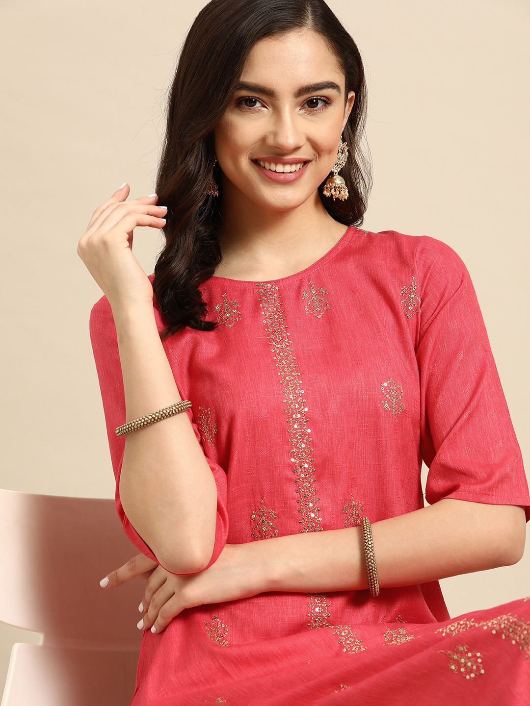 

Sangria Pink Embroidered A-Line Kurta