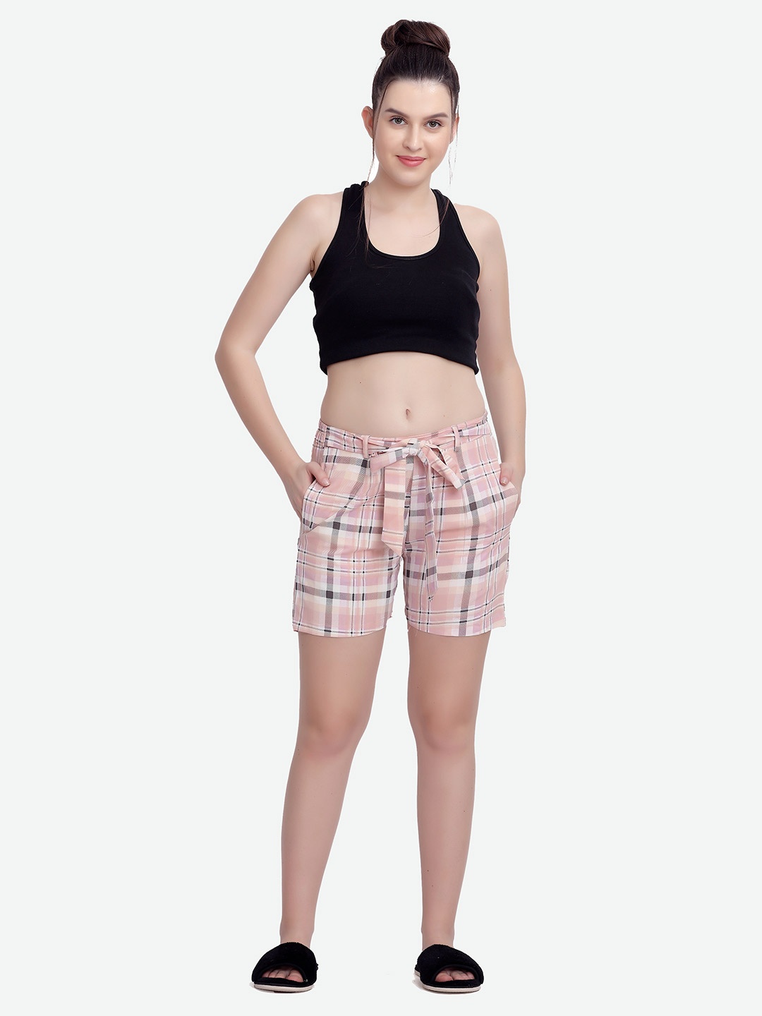 

MAYSIXTY Women Beige Checked Slim Fit Cotton Shorts