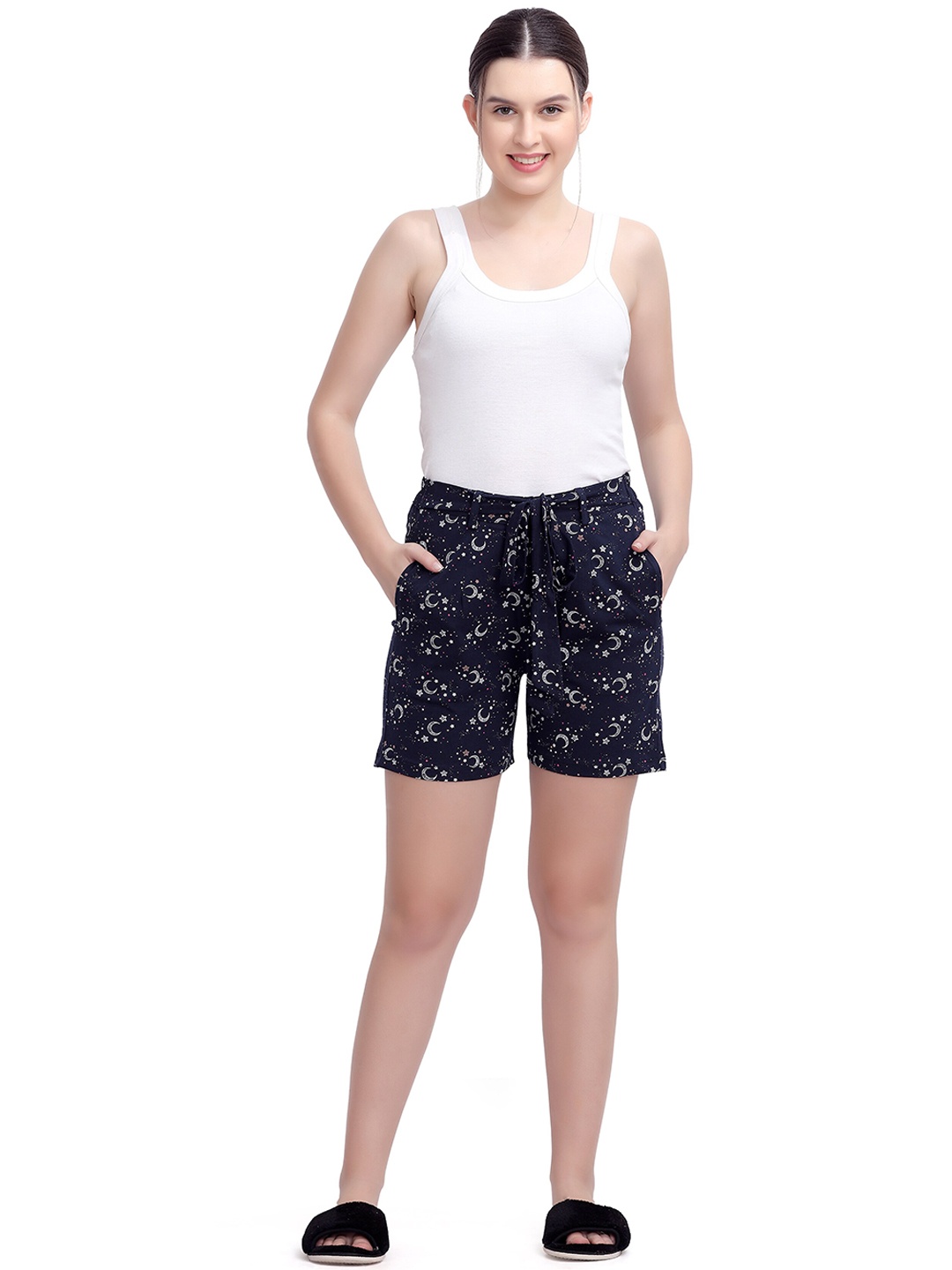 

MAYSIXTY Women Navy Blue Printed Lounge Shorts