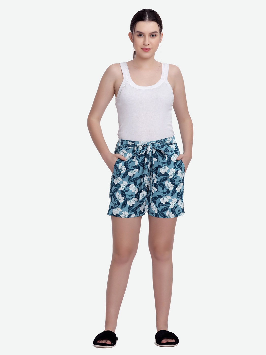 

MAYSIXTY Floral Printed Slim Fit Cotton Shorts, Teal