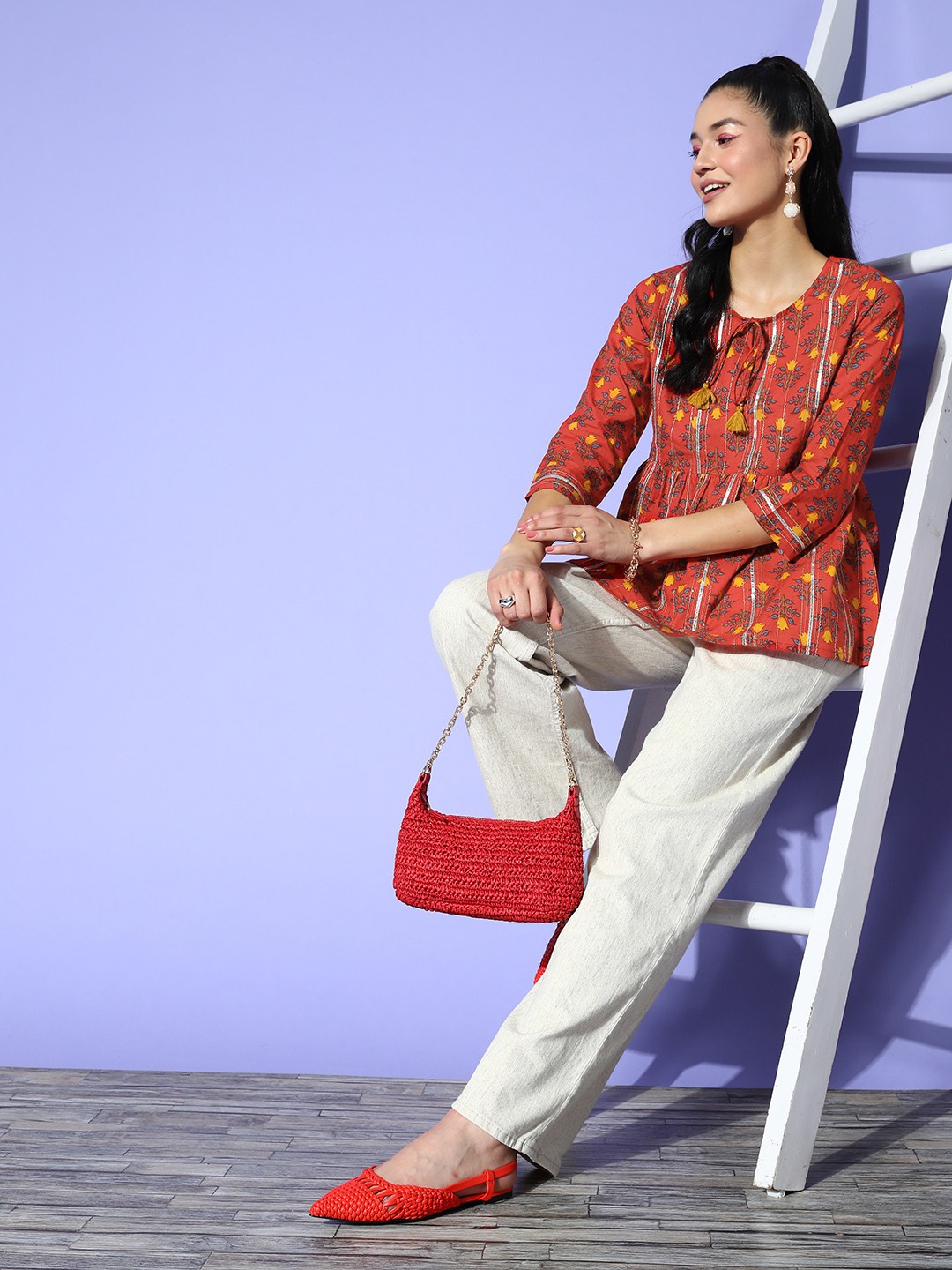 

Ishin Red Floral Embroidered Tie-Up Neck Top