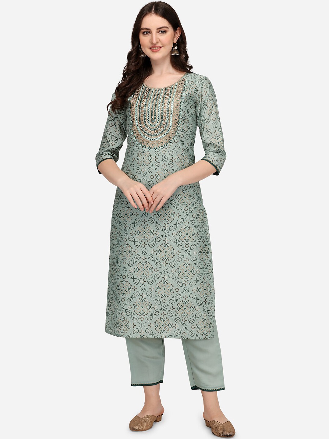

Berrylicious Women Green Ethnic Motifs Embroidered Mirror Work Chanderi Silk Kurta with Trousers & With
