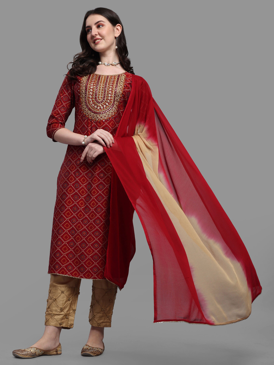 

Berrylicious Women Red Bandhani Embroidered Chanderi Silk Kurta with Trousers & With Dupatta