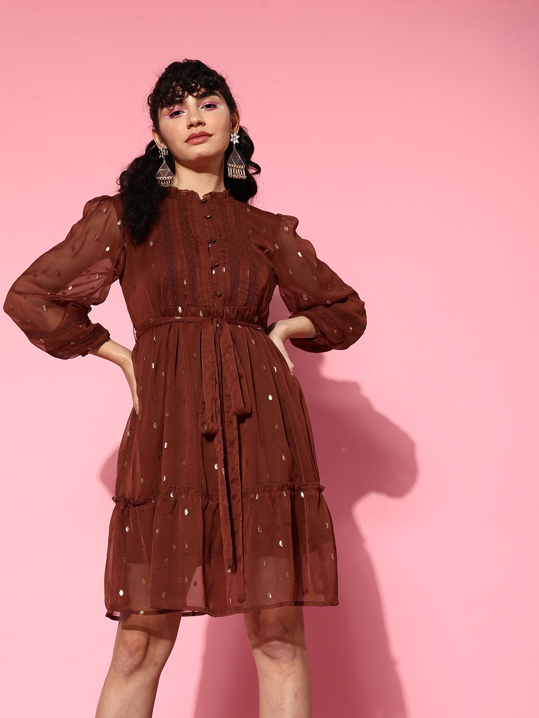 

Ishin Brown Embellished Chiffon A-Line Dress