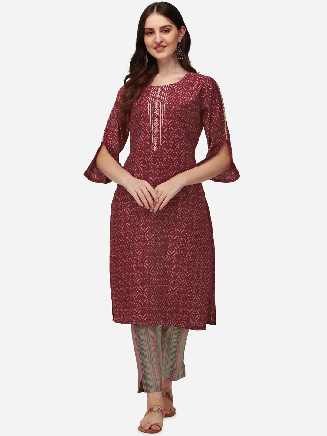 

Pure 9 Women Red Ethnic Motifs Printed Chanderi Silk Kurta with Trousers