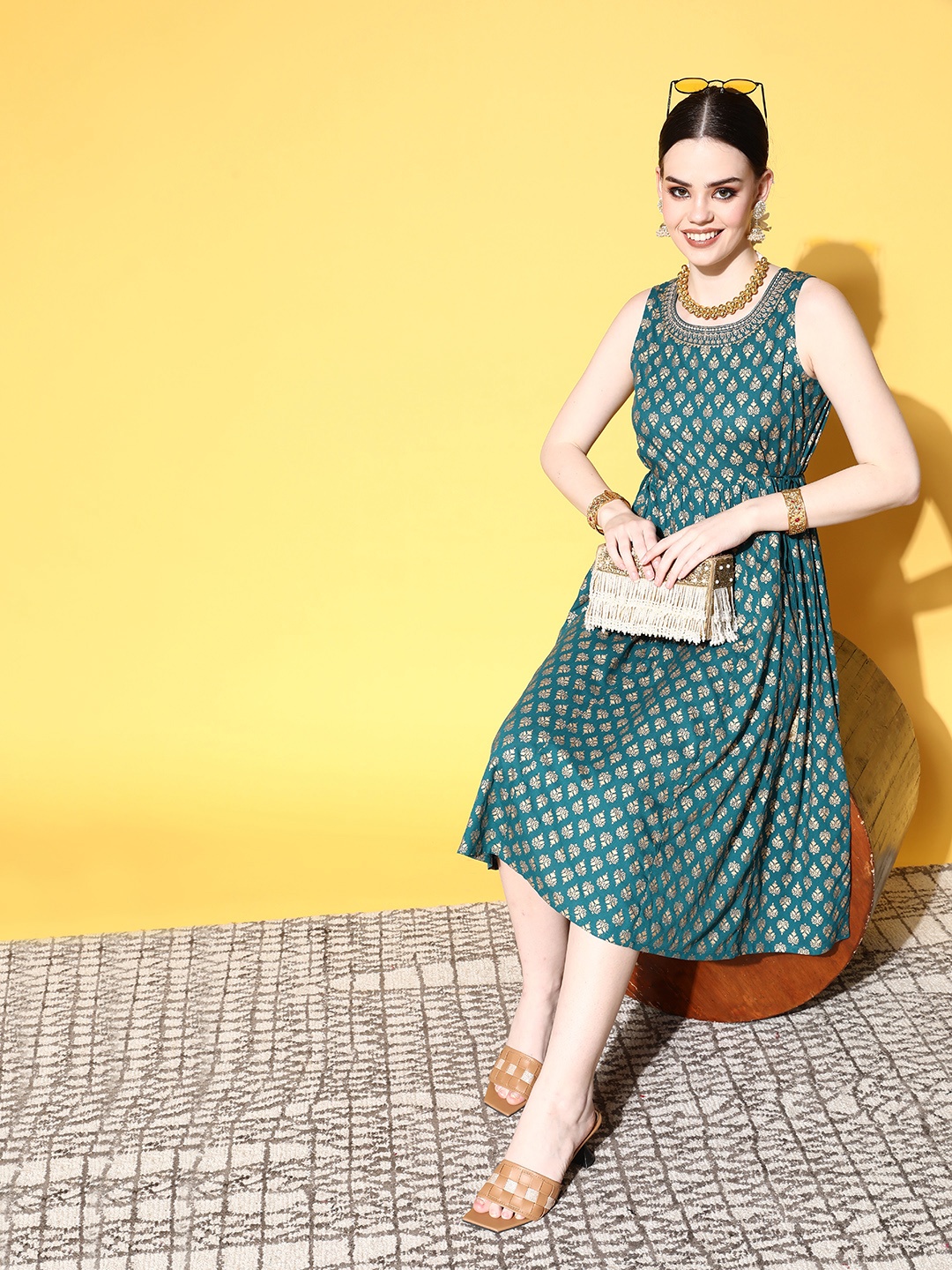 

Sunehri Teal Green & Golden Ethnic Motifs A-Line Midi Dress