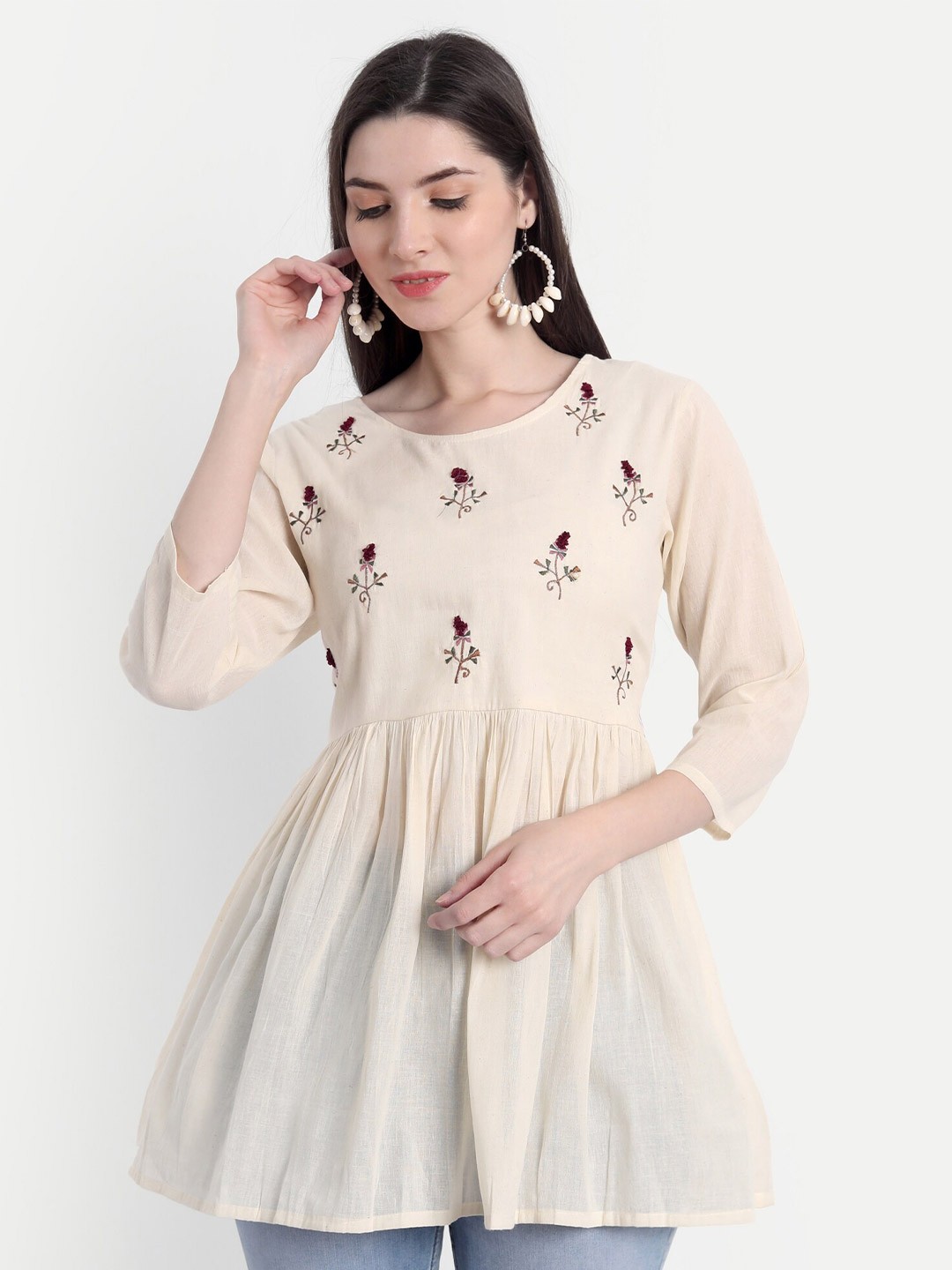 

Gopalvilla Beige & Maroon Embroidered Cotton Tunic
