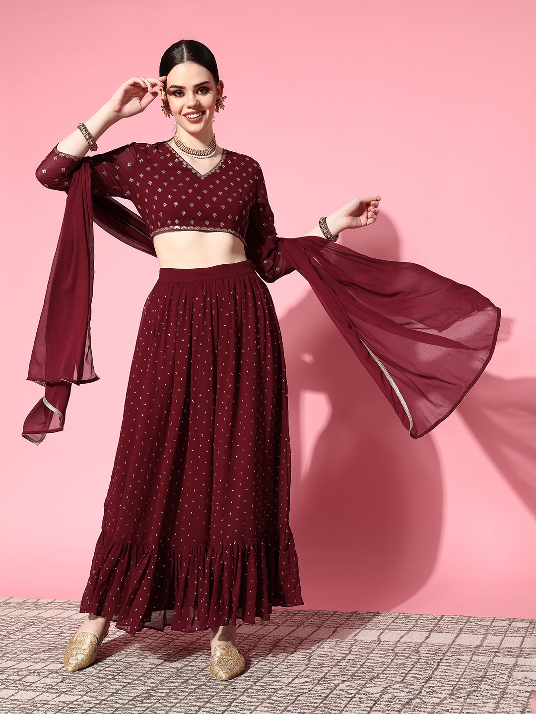 

Sunehri Maroon & Golden Sequinned Ready to Wear Lehenga & Blouse With Dupatta