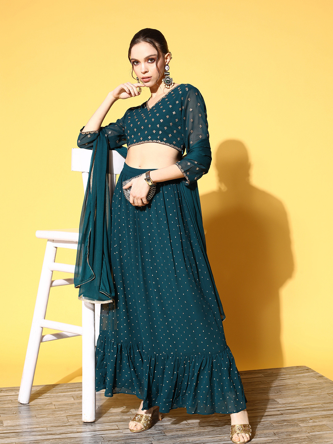 

Sunehri Teal Blue & Golden Sequinned Ready to Wear Lehenga & Blouse With Dupatta