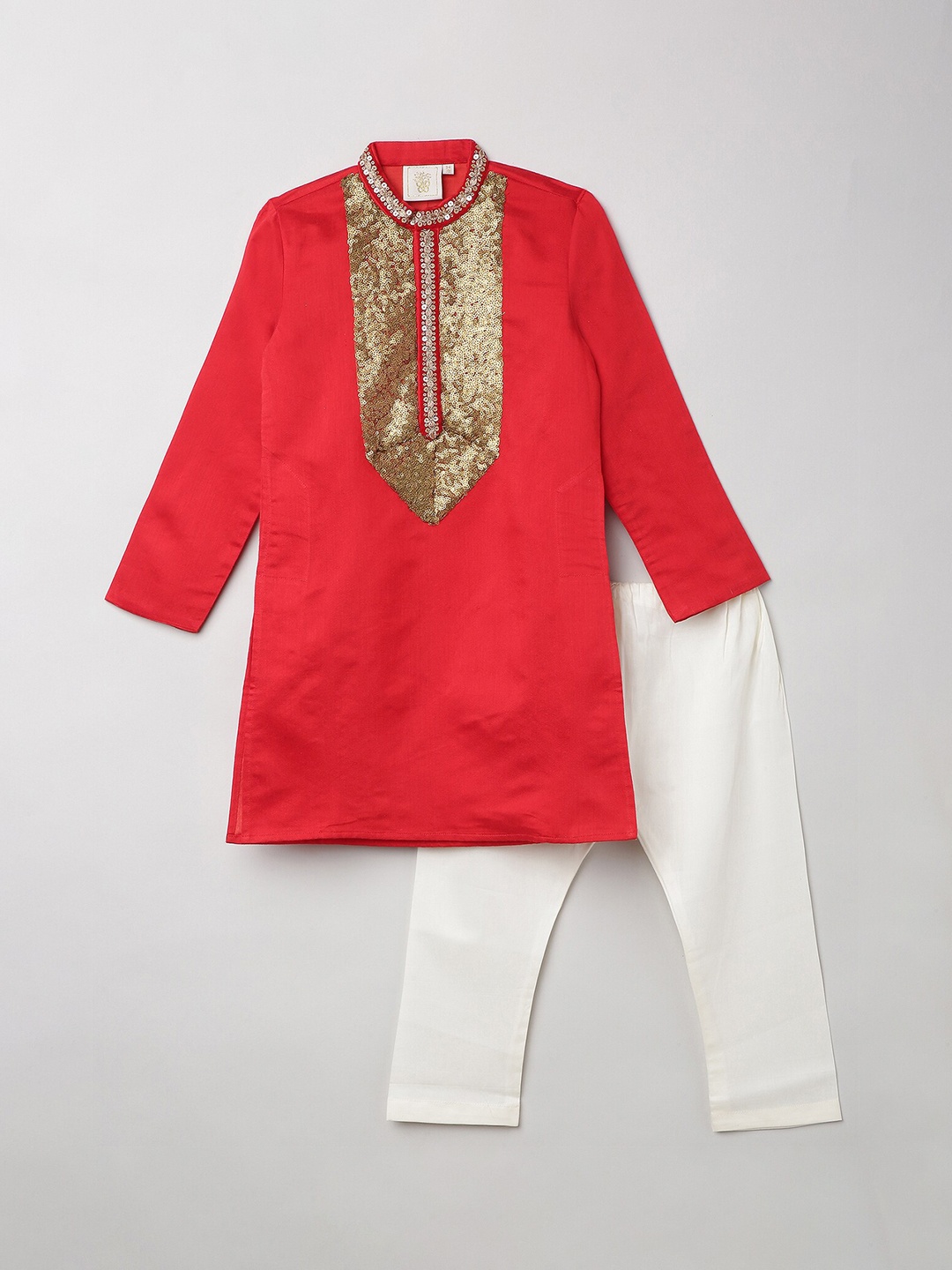 

BYB PREMIUM Boys Red Sequinned Pure Silk Kurta with Pyjamas