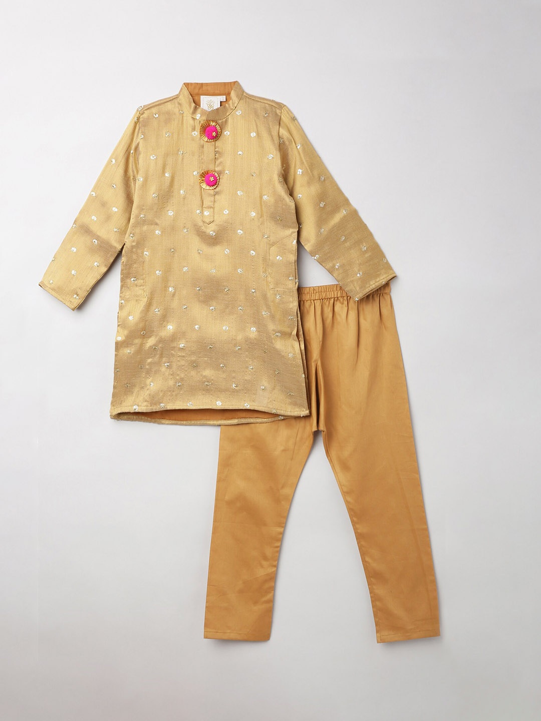 

BYB PREMIUM Boys Gold-Toned Embroidered Sequinned Chanderi Silk Kurta with Pyjamas