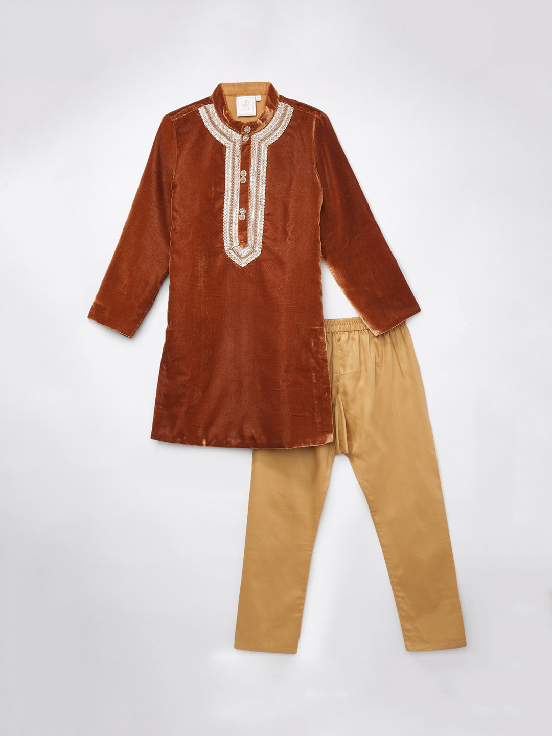 

BYB PREMIUM Boys Brown Thread Work Velvet Kurta with Pyjamas