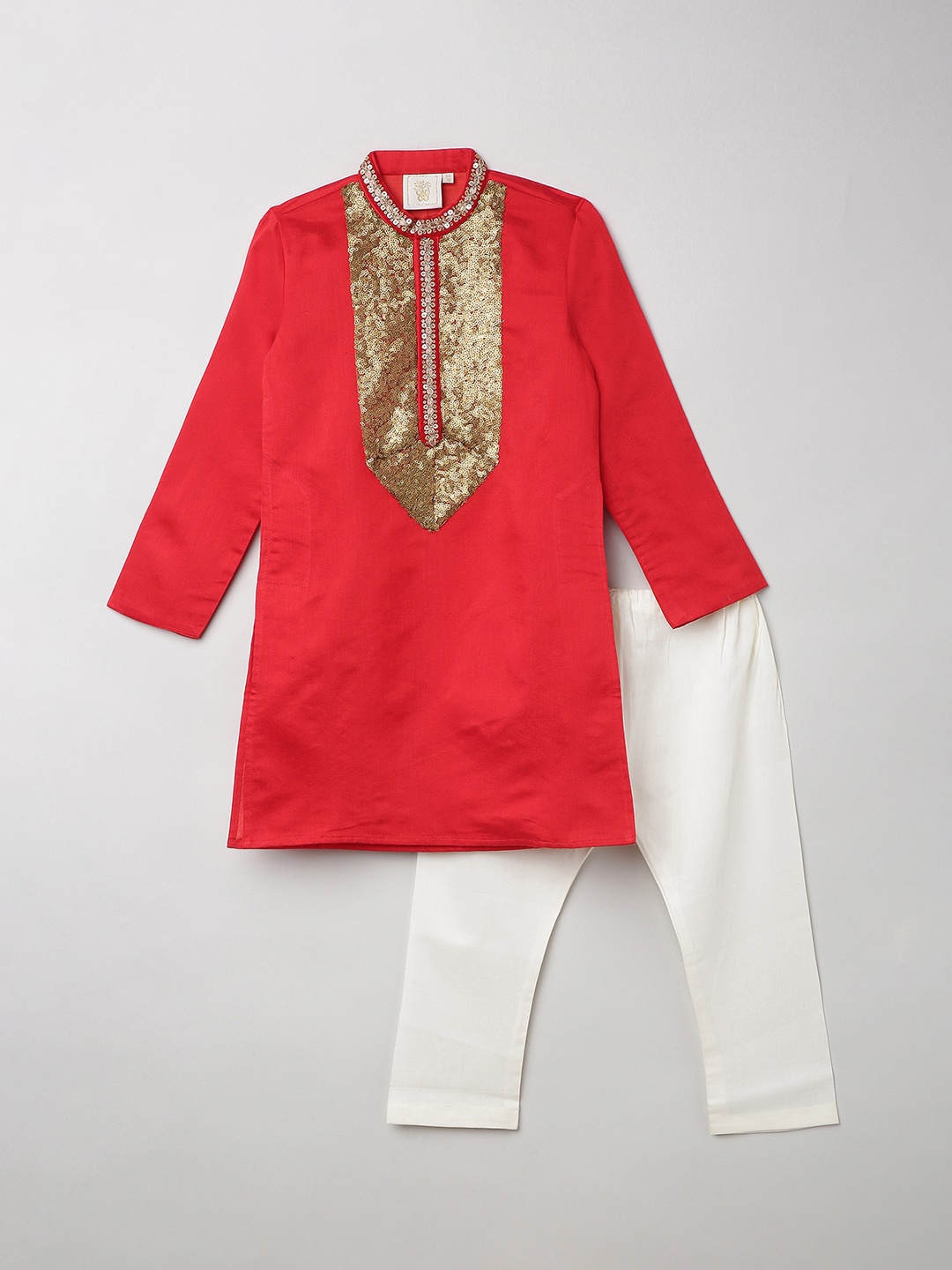 

BYB PREMIUM Boys Red Embroidered Sequinned Pure Silk Kurta with Pyjamas